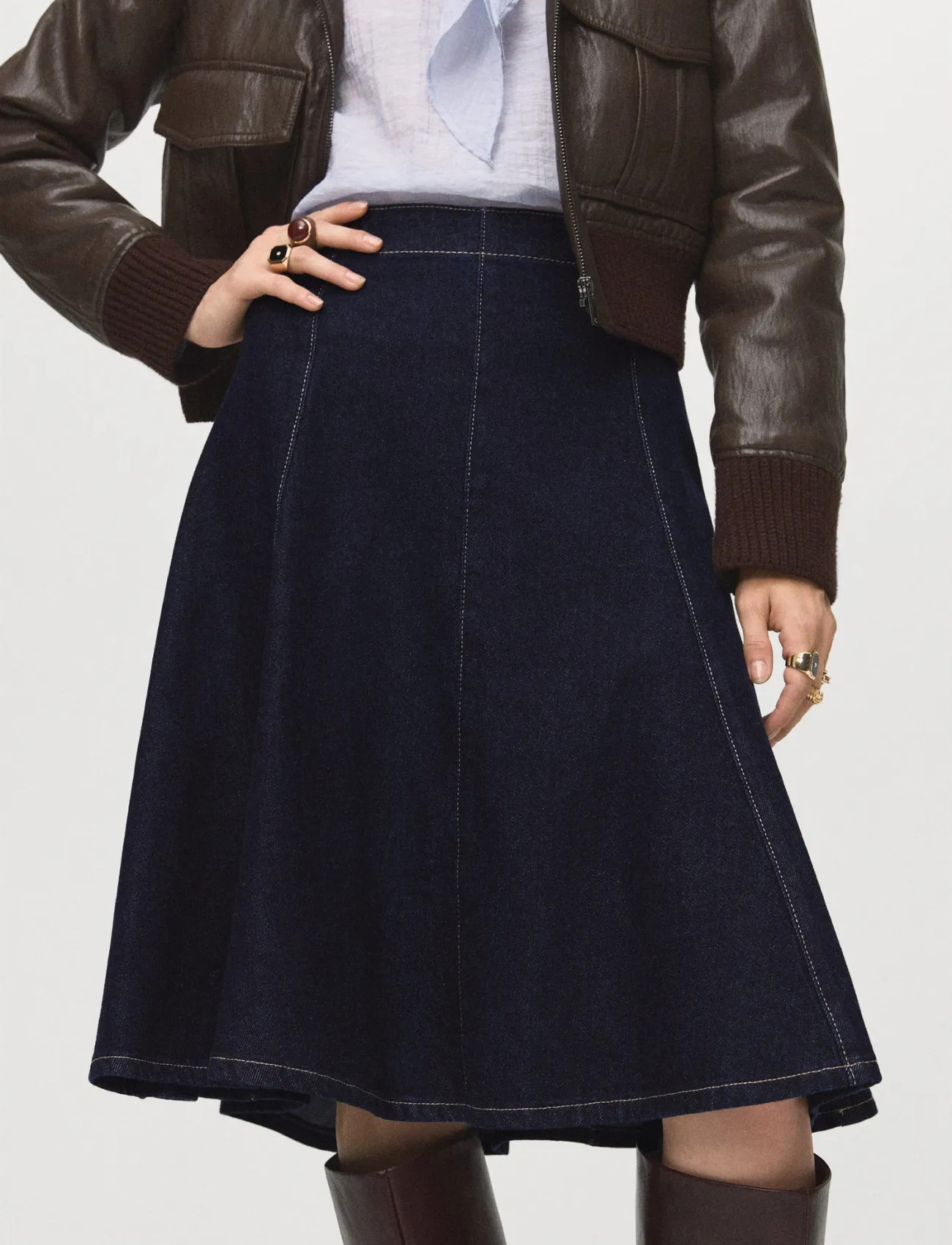 Mango Denim Midi-Skirt With Stitching, S, Blue, Nederdele > Denim Nederdele, Dame
