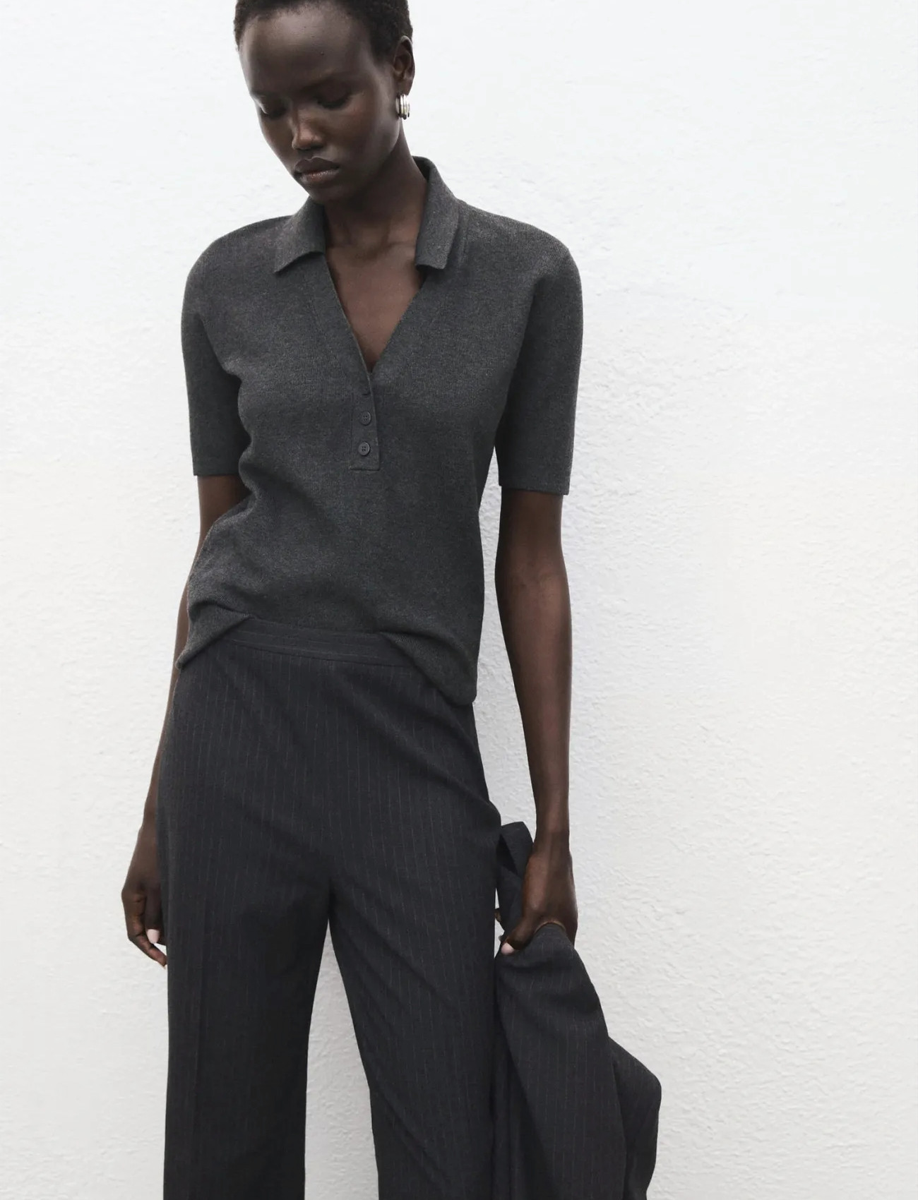Mango Fine-Knit Sweater With Shirt Collar, S, Grey, Skjorter > Kortærmede, Dame