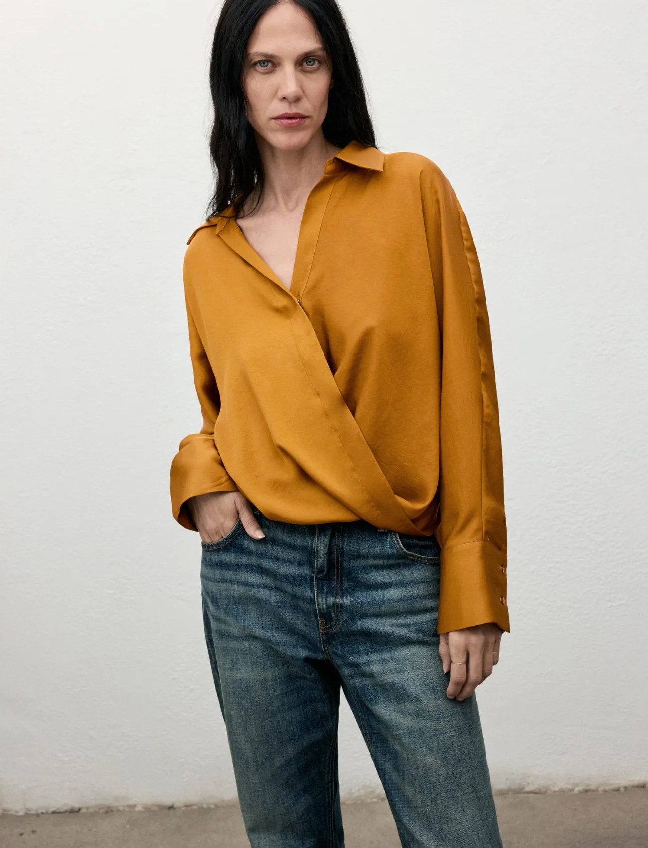Mango Cross-Over Satin Blouse, S, Yellow, Skjorter > Langærmede, Dame
