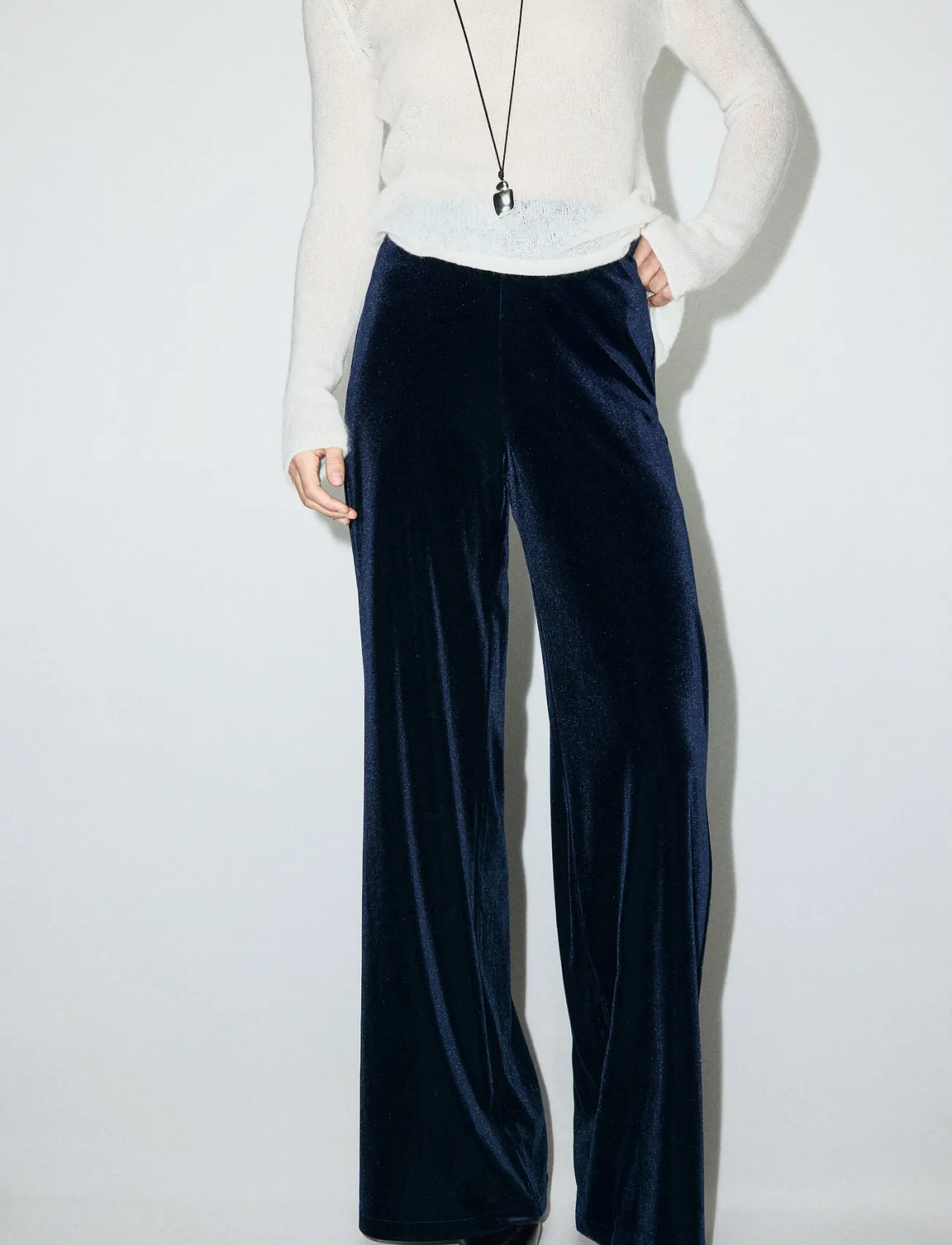 Mango Velvet Wide Leg Trousers, S, Navy, Bukser > Brede Ben, Dame