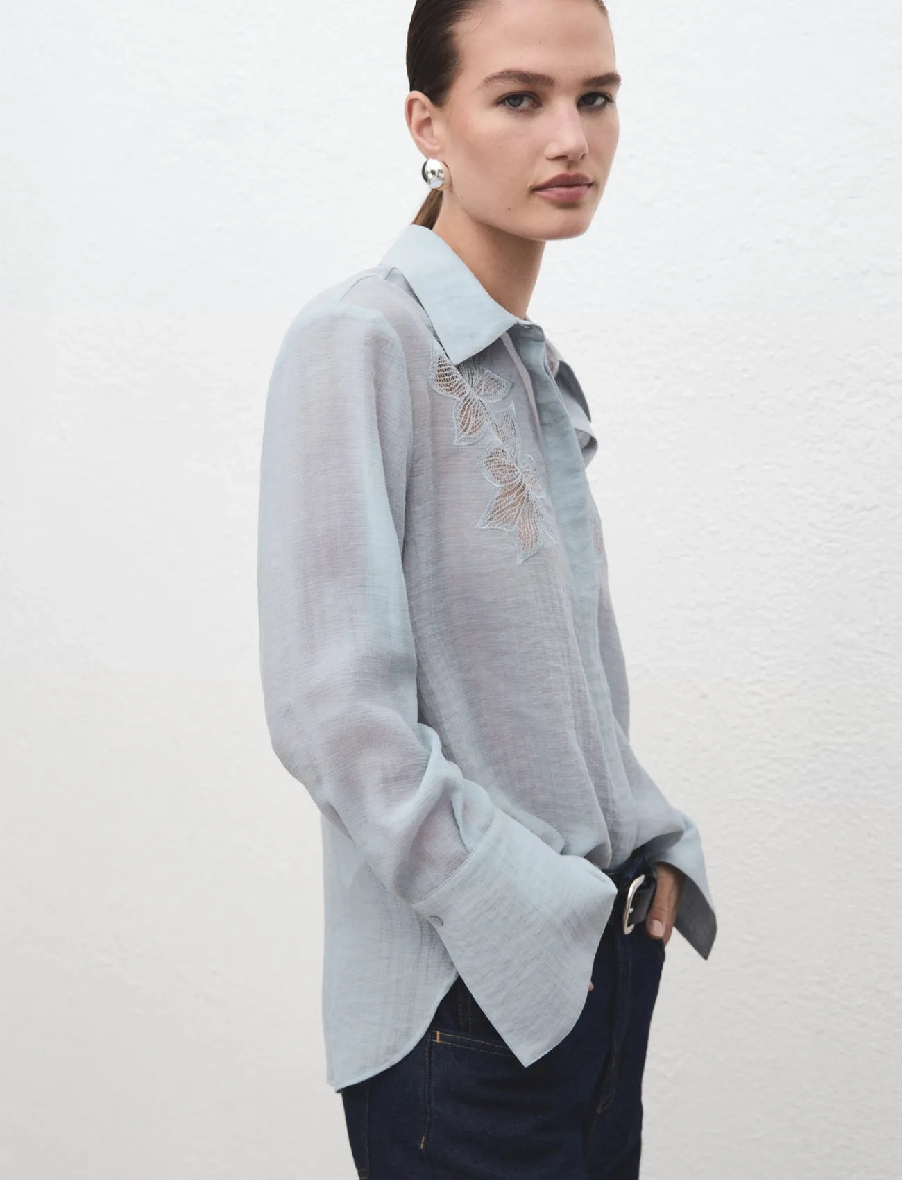 Mango Embroidered Lyocell Blouse, M, Blue, Skjorter > Langærmede, Dame