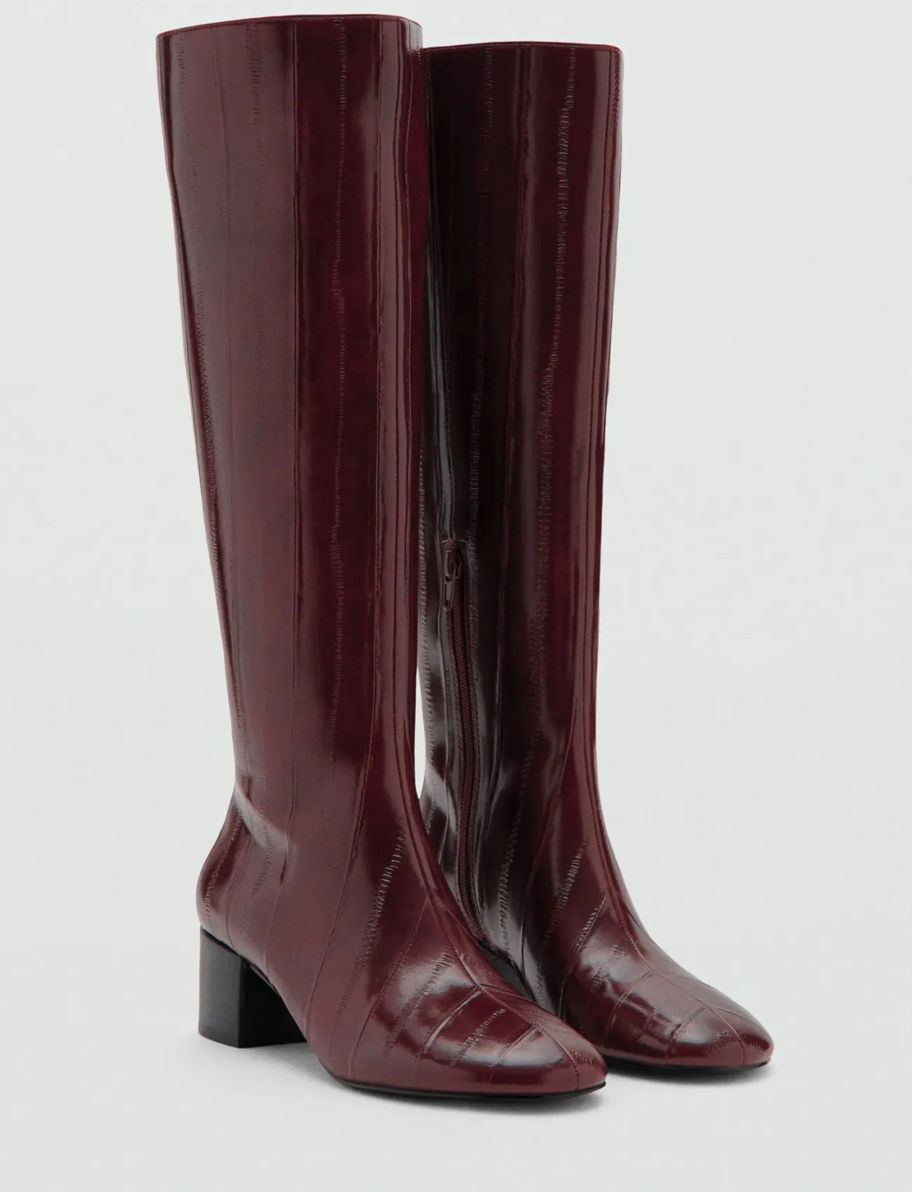 Mango Textured Heeled Boots, 38, Burgundy, Tall Boots > Knee High Boots, Dame