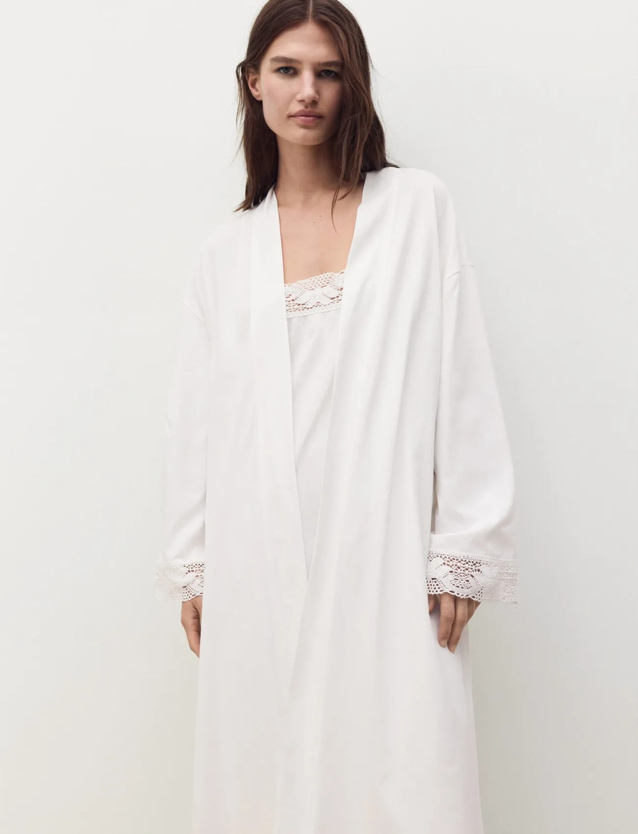 Mango Cotton Robe With Lace, S, White, Nat- Og Loungewear > Morgenkåber, Dame
