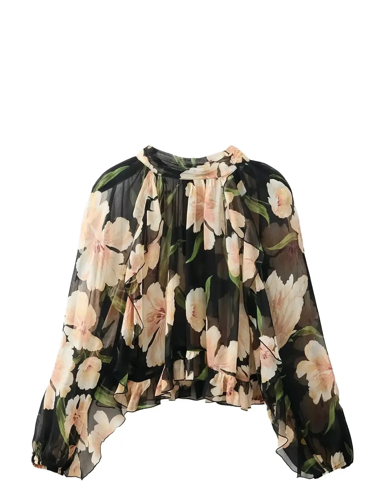MANGO Semi-Transparent Floral Bluse Schwarz - S - Damen