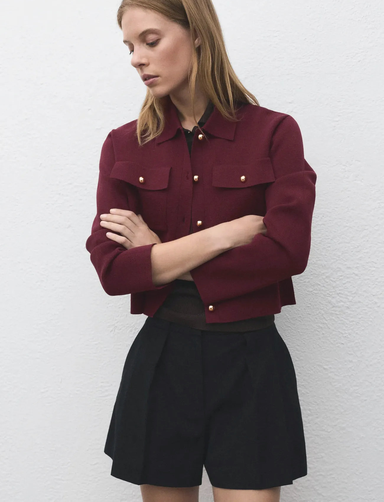 Mango Pocket Knit Jacket, XS, Burgundy, Blazere > Cropped Blazere, Dame