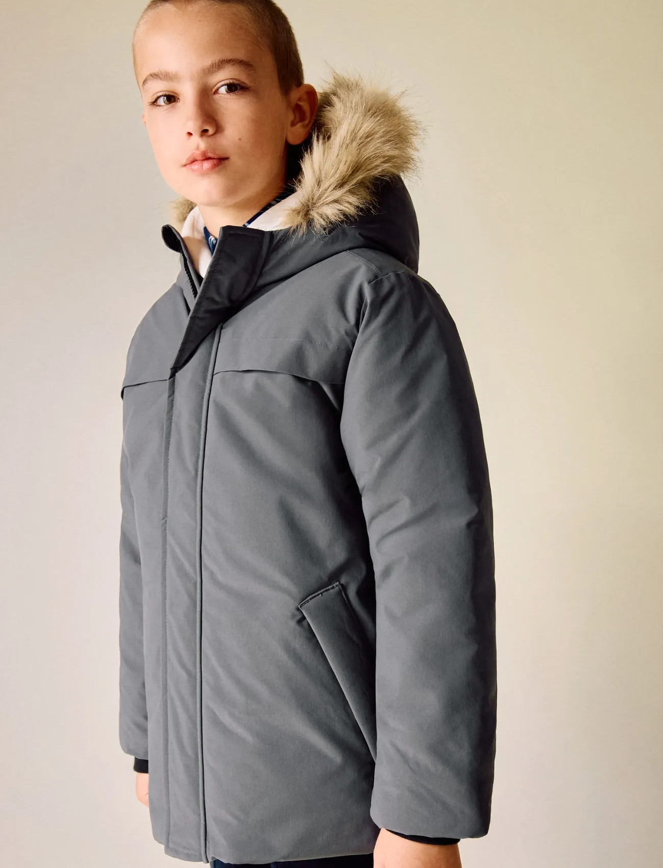 Mango Anorak With Shearling-Effect Hood, 12, Grey, Jakker Og Frakker > Anorakker, Børn