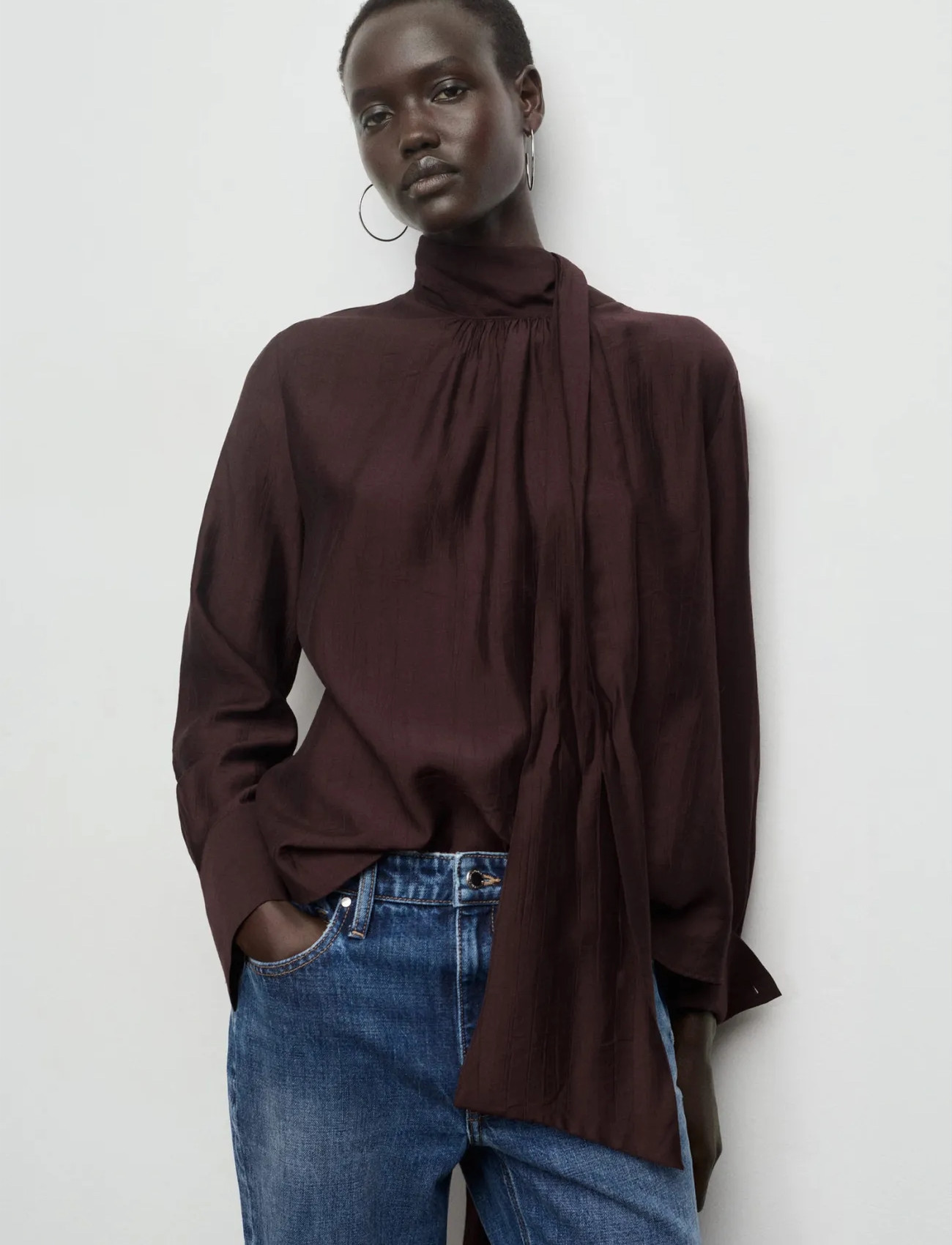 Mango Textured Blouse With Foulard, XS, Burgundy, Bluser > Langærmede, Dame