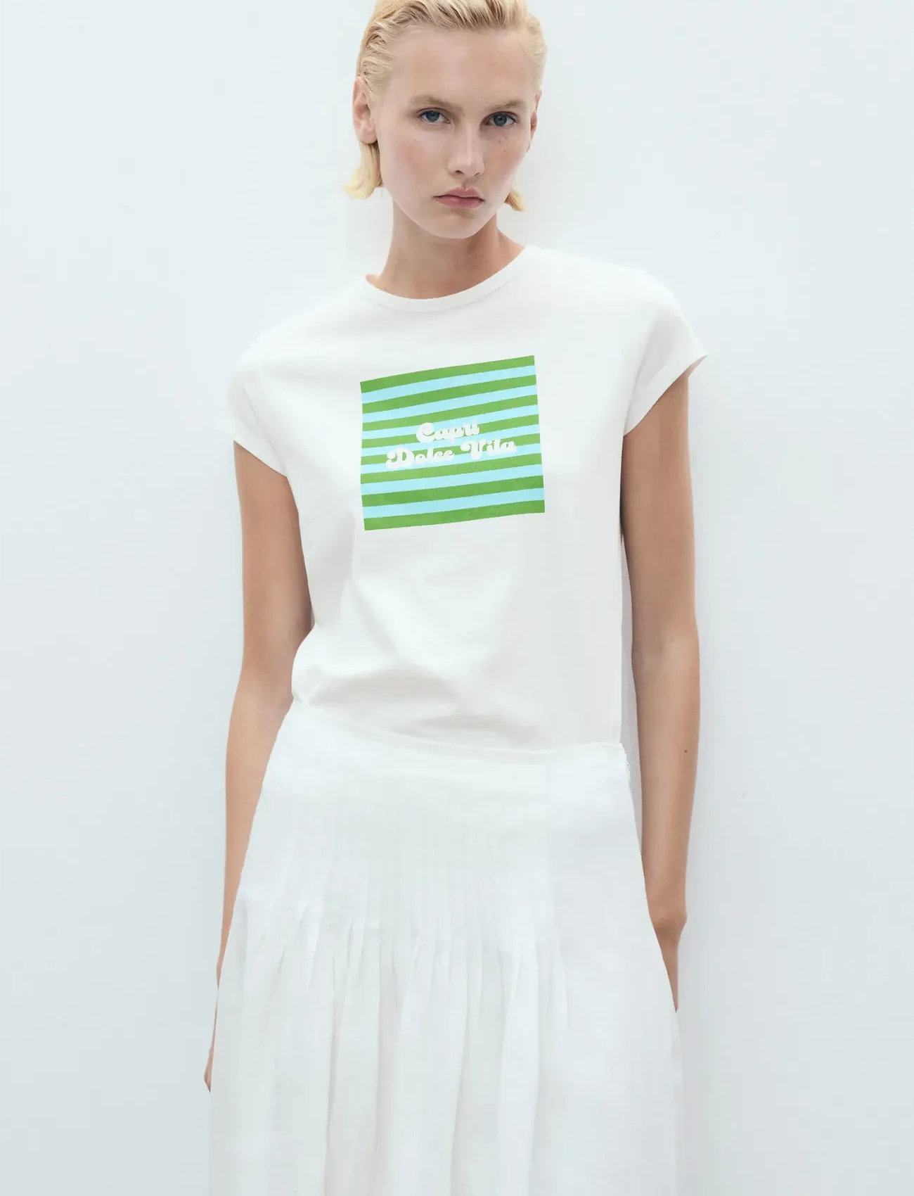 Mango Printed Cotton-Blend T-Shirt, S, White, T-Shirts & Toppe > Kortærmede, Dame