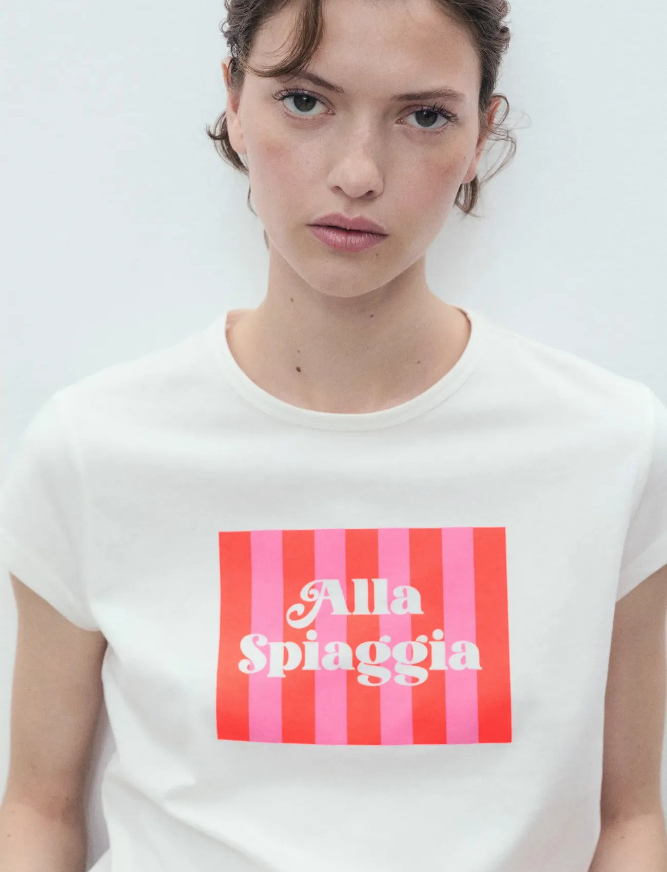 Mango Printed Cotton-Blend T-Shirt, L, White, T-Shirts & Toppe > Kortærmede, Dame