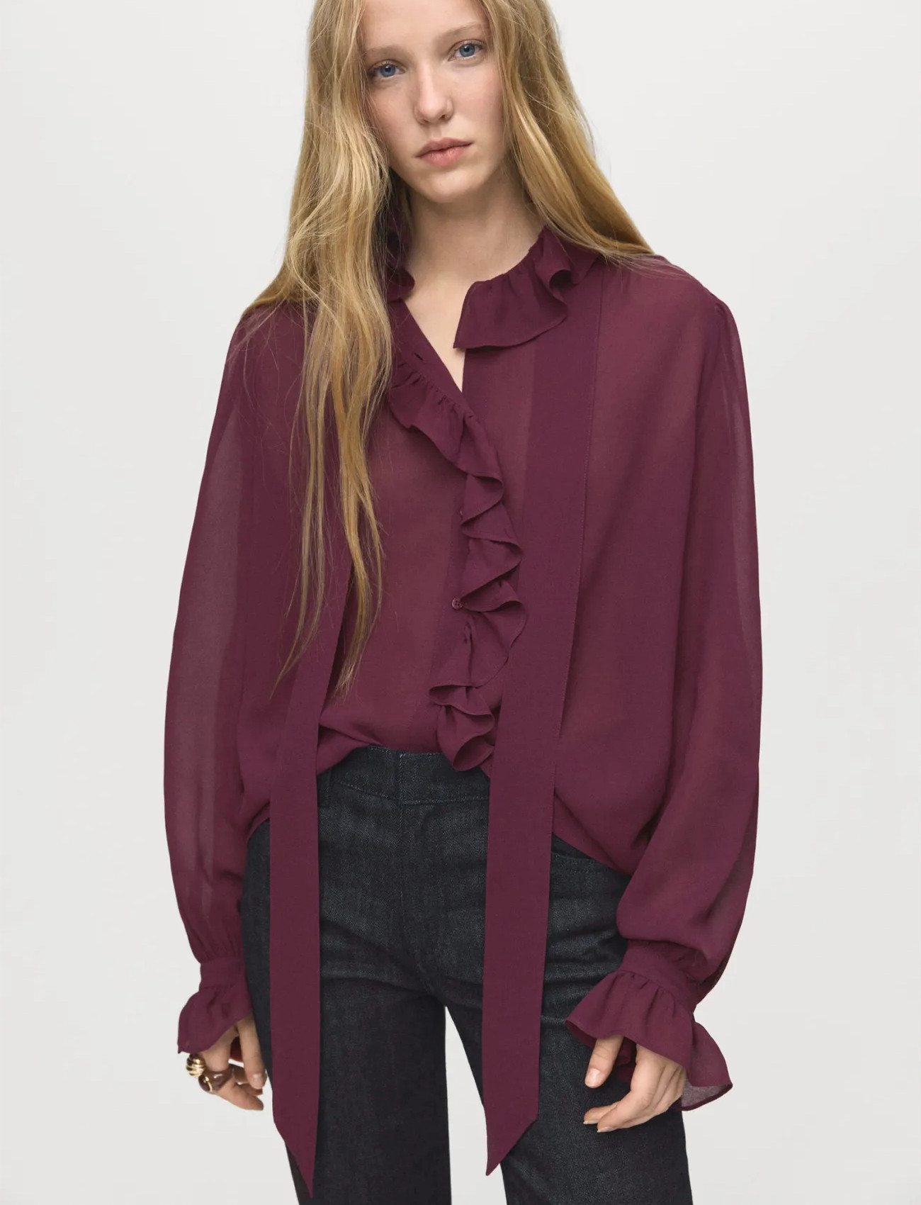 Mango Ruffled Blouse With Scarf, XS, Burgundy, Bluser > Langærmede, Dame