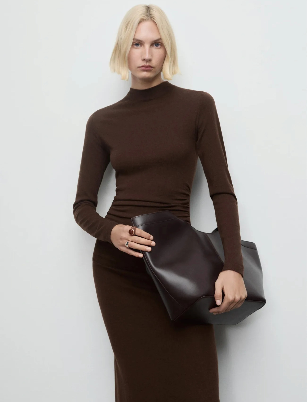 Mango Perkins-Neck Knitted Dress, XL, Brown, Kjoler > Maxikjole, Dame