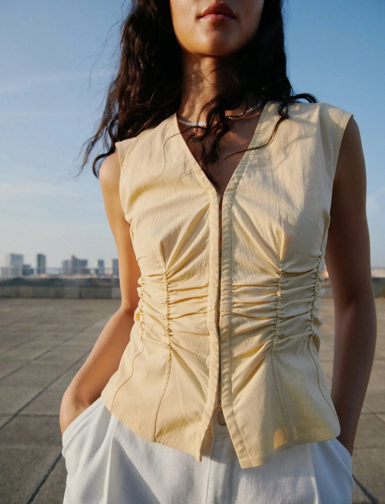 Mango Gathered Cotton Blouse, S, Yellow, Bluser > Uden Ærmer, Dame