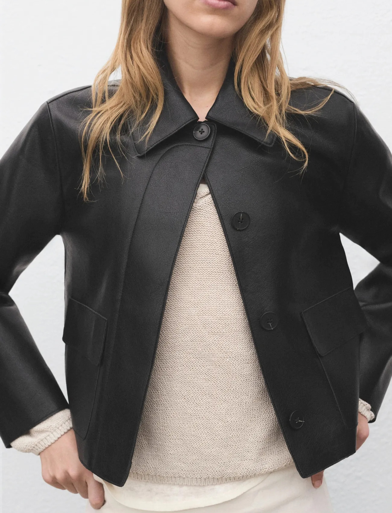 Mango Faux-Leather Jacket With Pockets, S, Black, Jakker > Læder, Dame