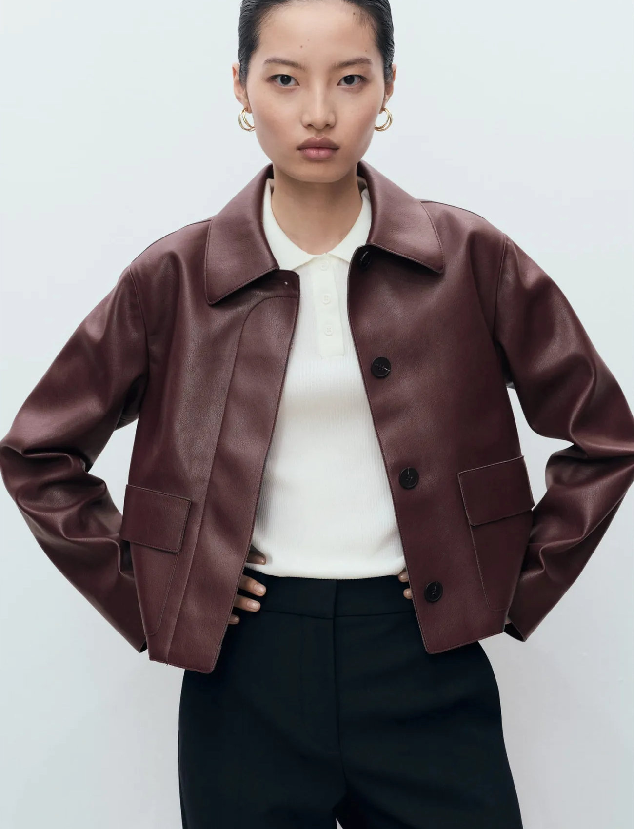 Mango Faux-Leather Jacket With Pockets, L, Burgundy, Jakker > Læder, Dame