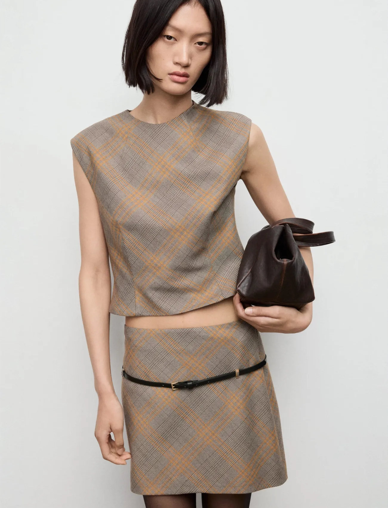 Mango Belt Checked Skirt, 38, Brown, Nederdele > Korte Nederdele, Dame