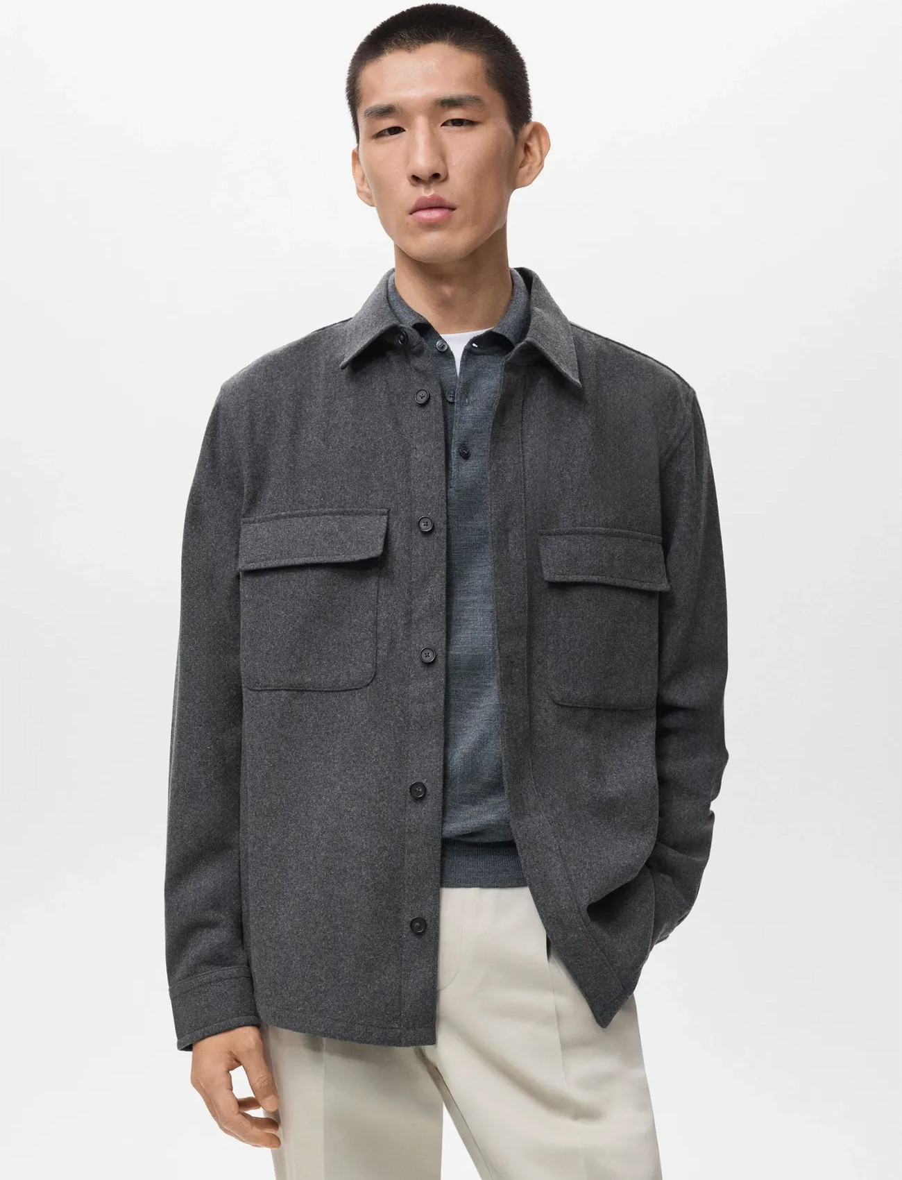 Mango Wool Overshirt With Pockets, L, Grey, Overdele > Overtrøjer, Herre