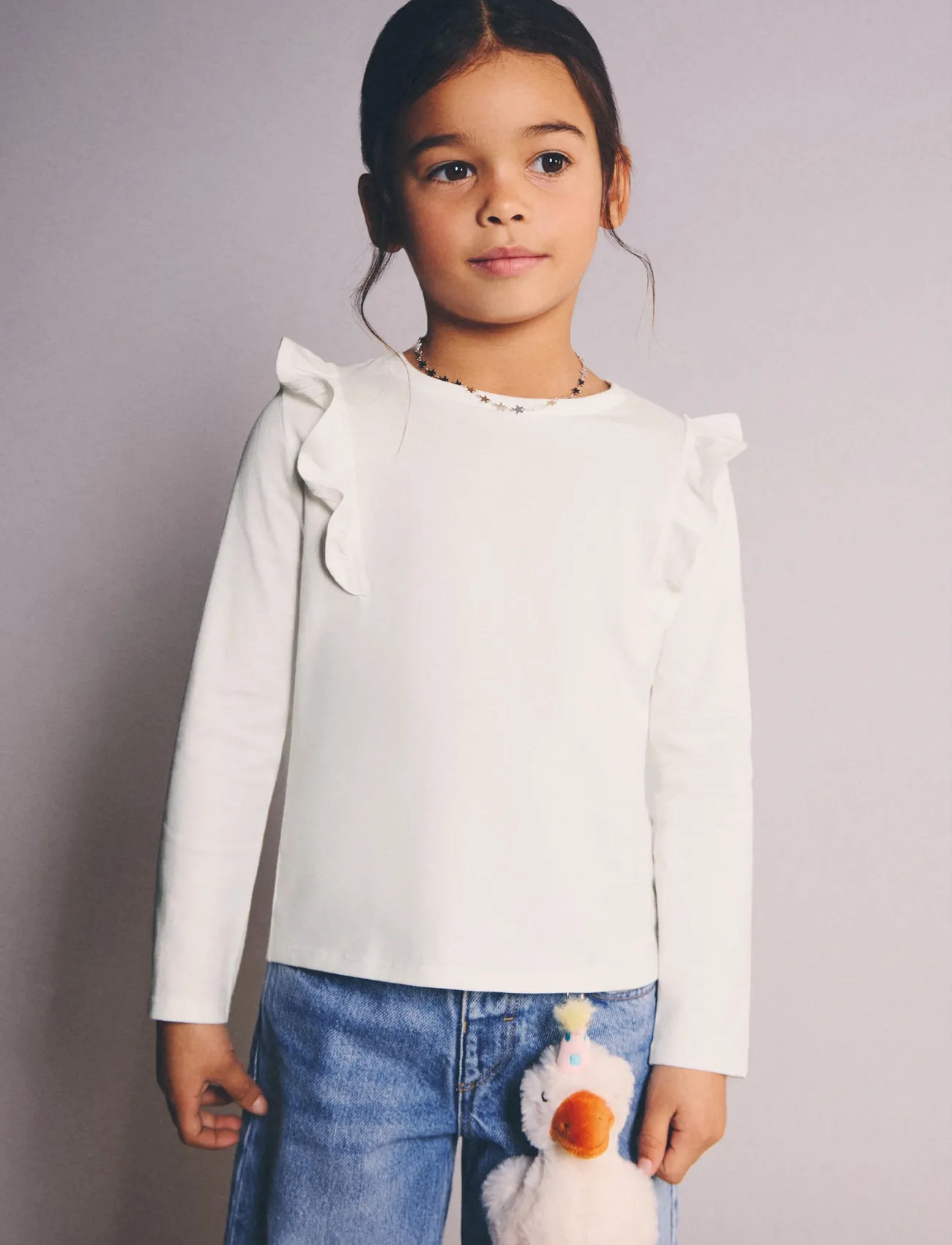 Mango Frills Cotton T-Shirt, 3-4, Cream, T-Shirts > Langærmede T-shirts, Børn