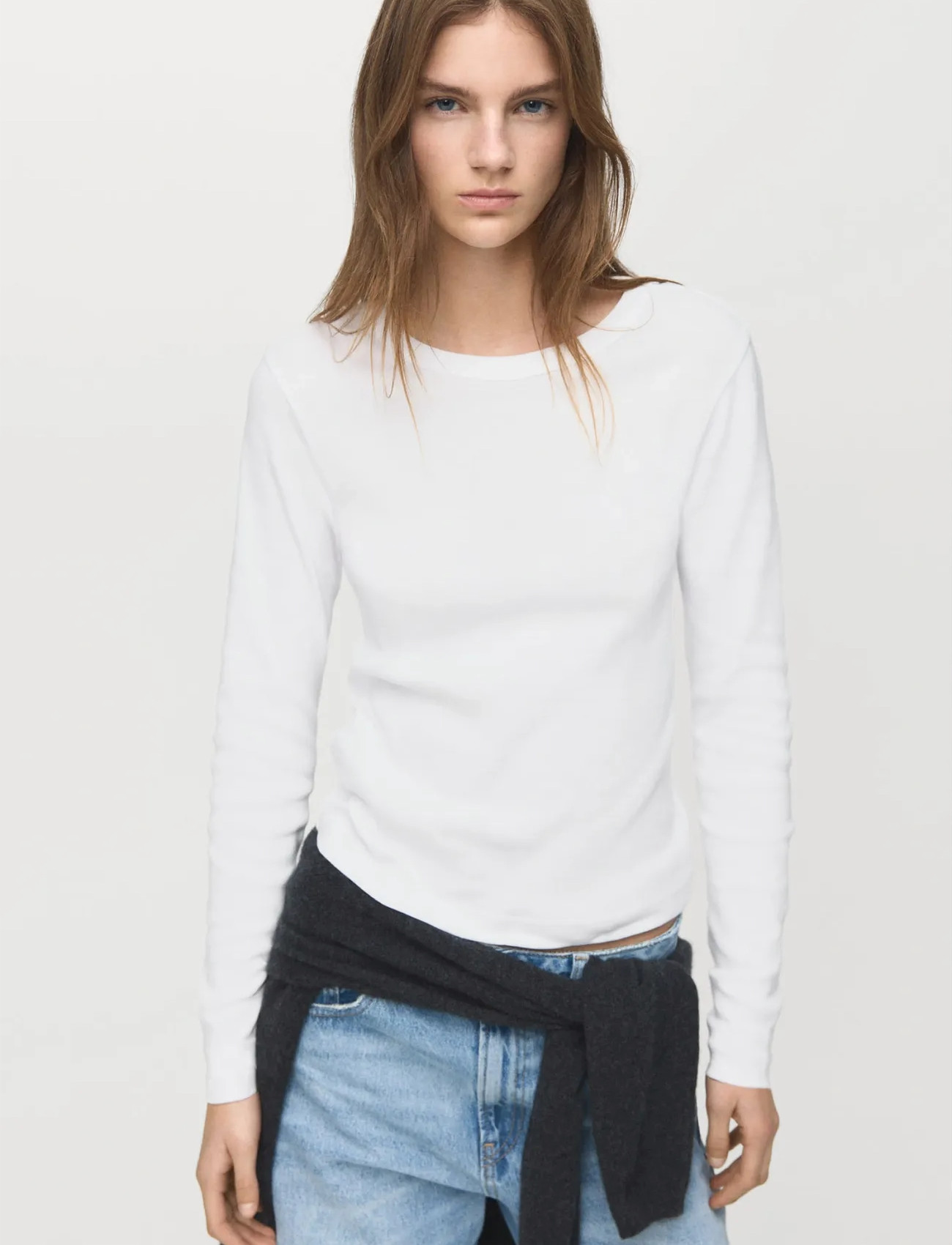 Mango Long Sleeve Cotton T-Shirt, XS, White, Strik > Trøjer, Dame