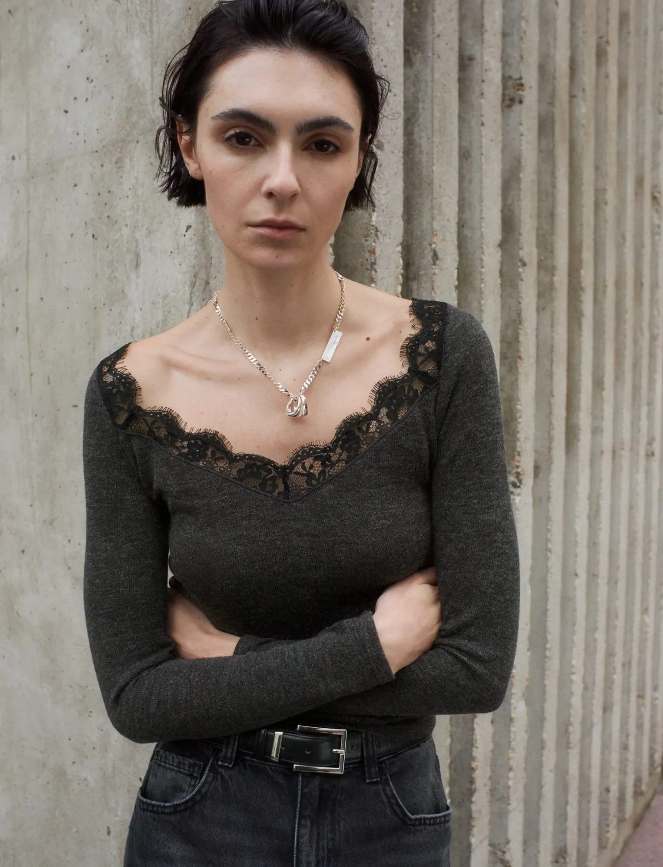 Mango Lace-Trimmed Scoop-Neck Top, XS, Grey, Strik > Trøjer, Dame