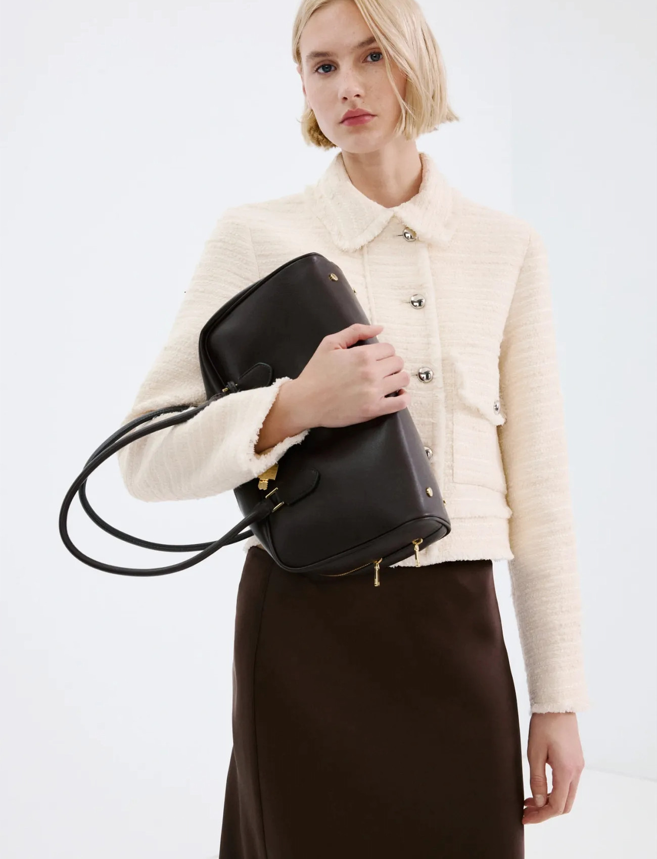 Mango Tweed Jacket With Notched Lapel Collar, XL, Cream, Jakker > Uldjakker, Dame