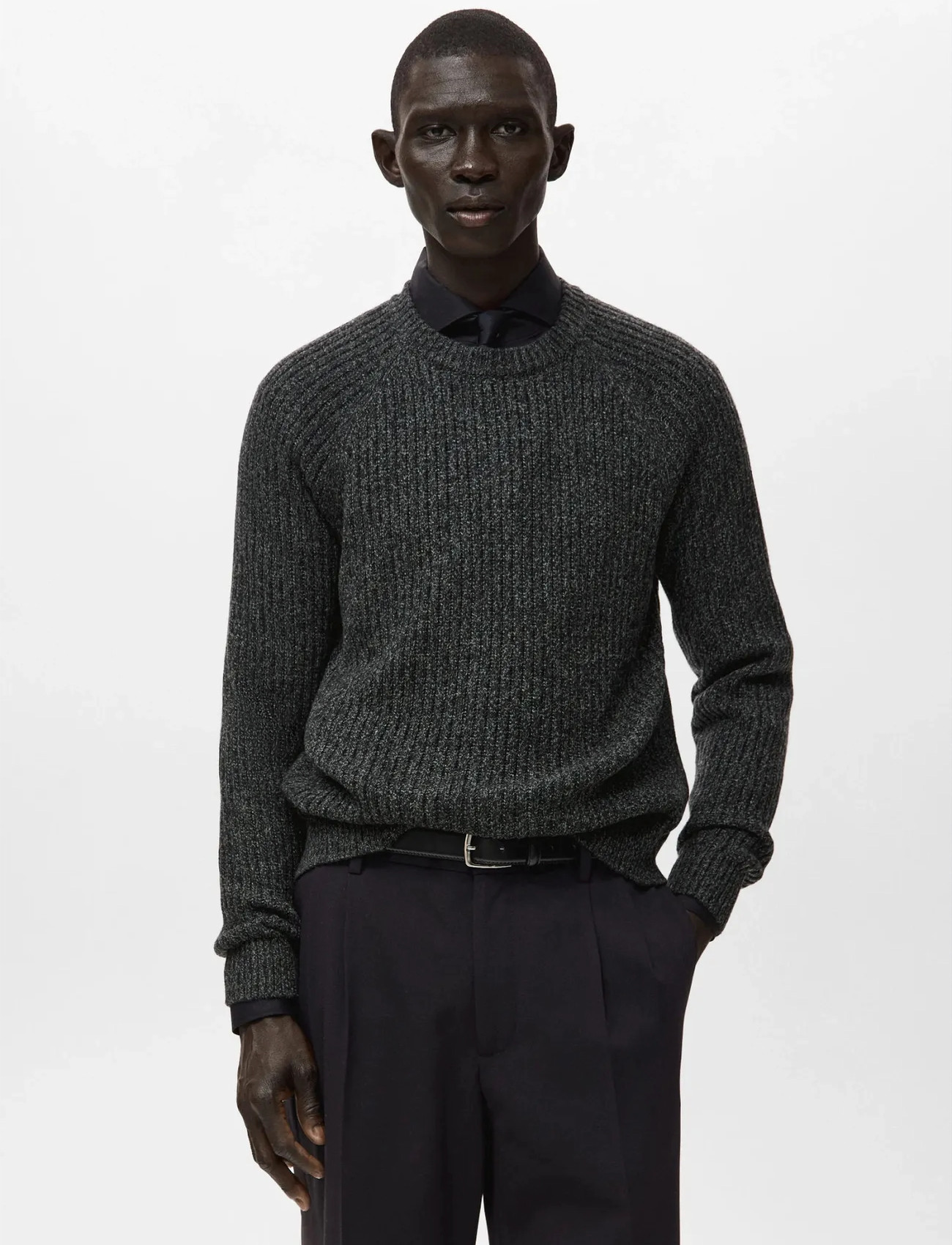 Mango Wool-Blend Rib-Knit Sweater, XL, Grey, Strik > Runde Halse, Herre