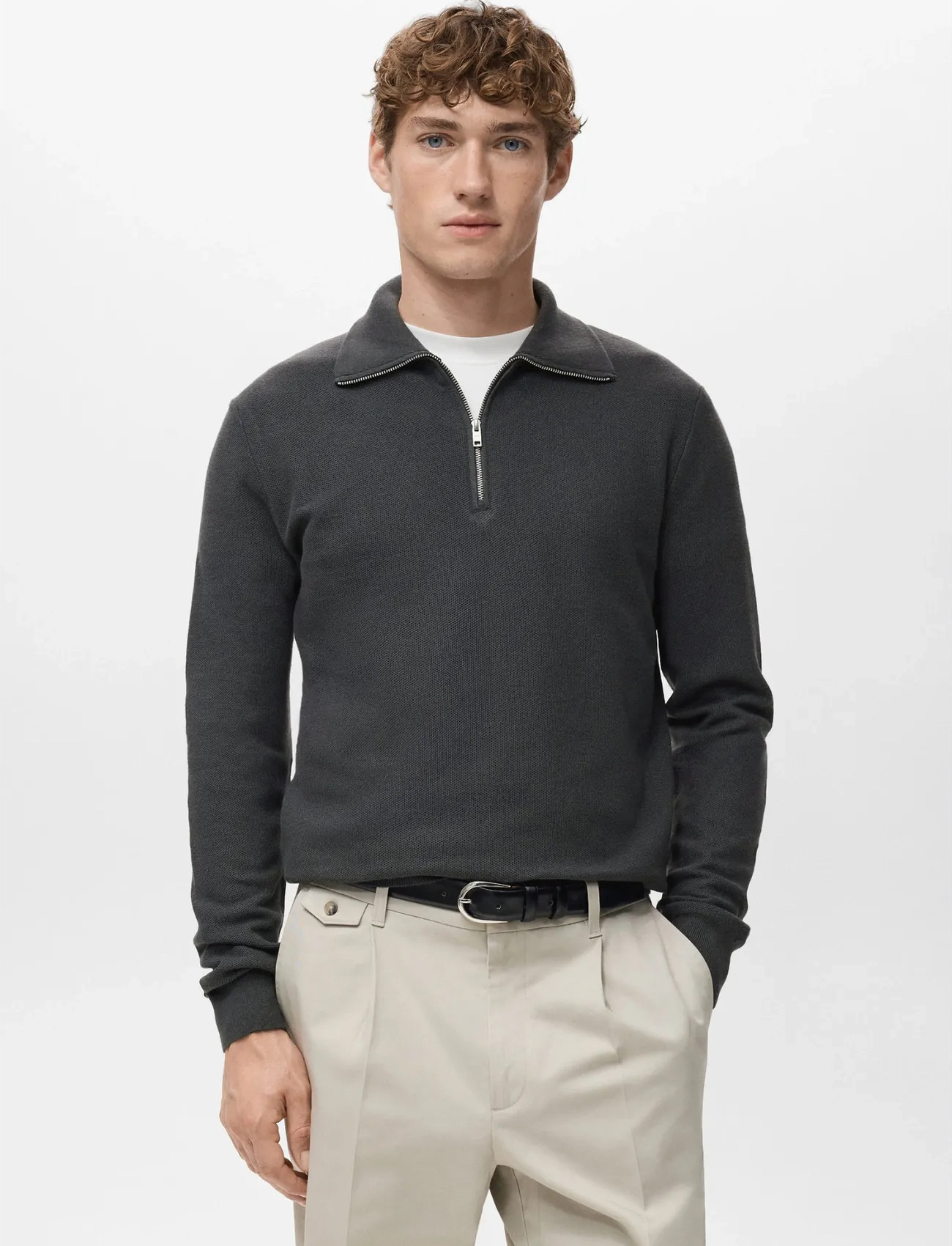 Mango Microstructure Sweater With Zipper Collar, XL, Grey, Strik > Trøjer Med Halv Lynlås, Herre