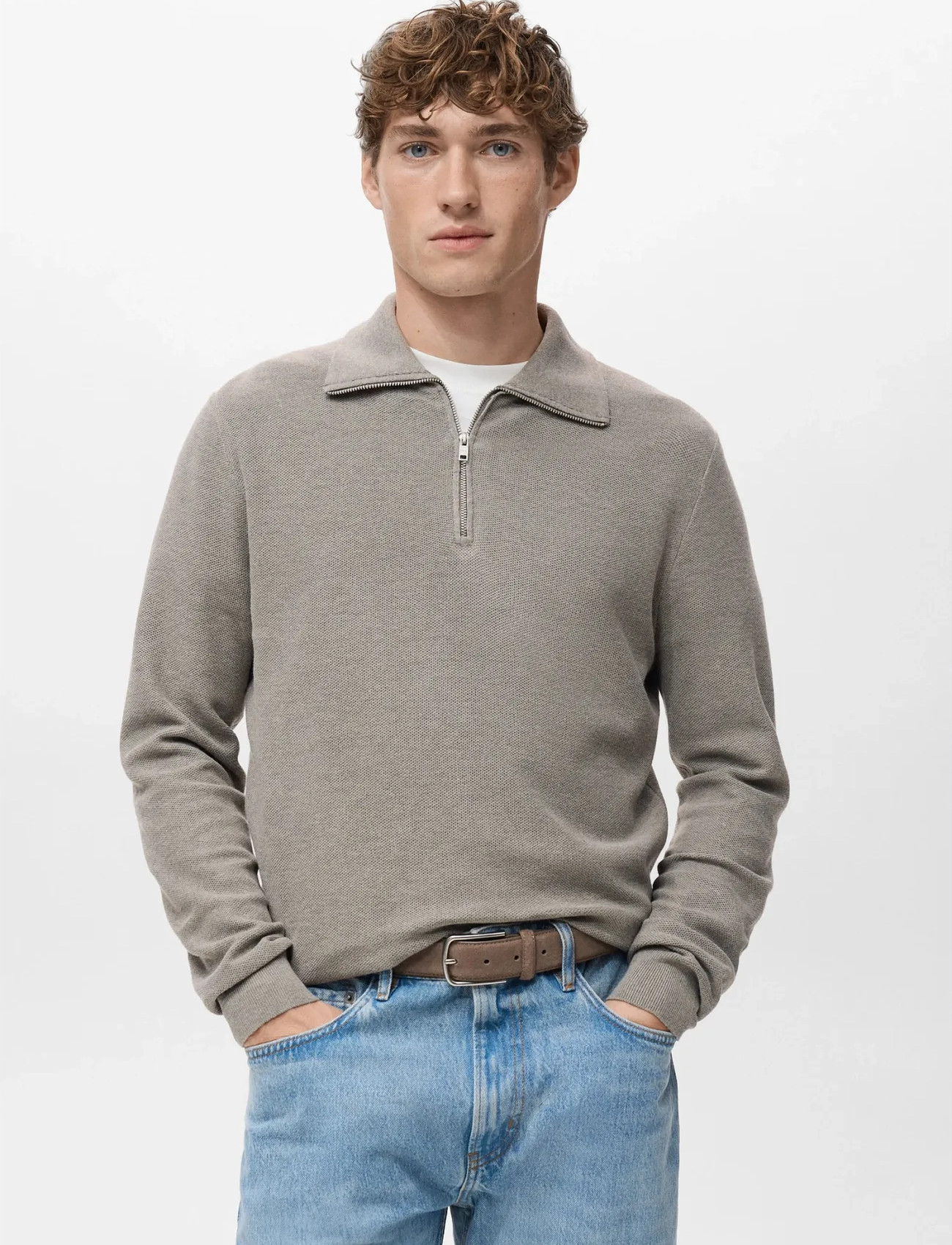 Mango Microstructure Sweater With Zipper Collar, XL, Grey, Strik > Trøjer Med Halv Lynlås, Herre