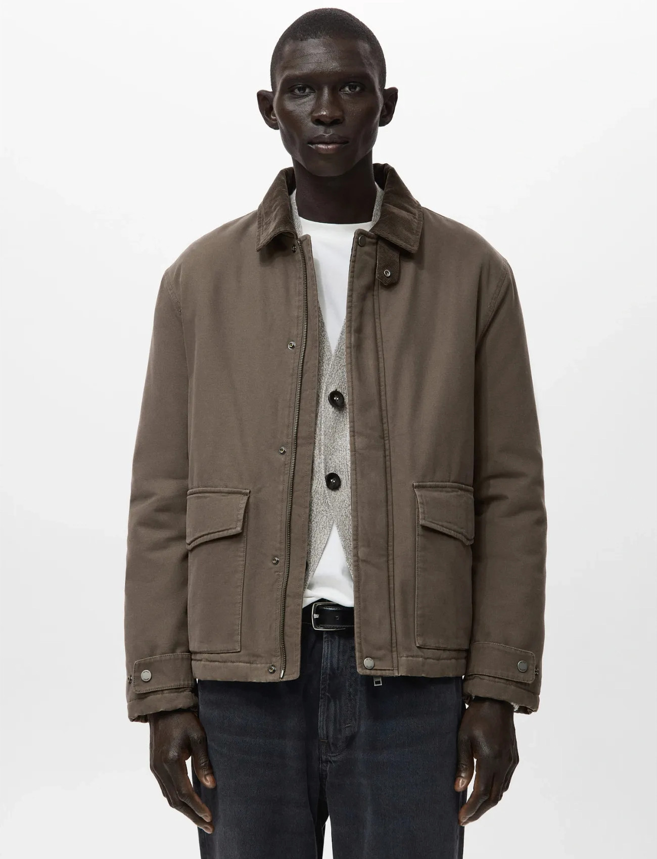 Mango Quilted Jacket With Corduroy Collar, XL, Brown, Jakker > Quiltede Jakker, Herre