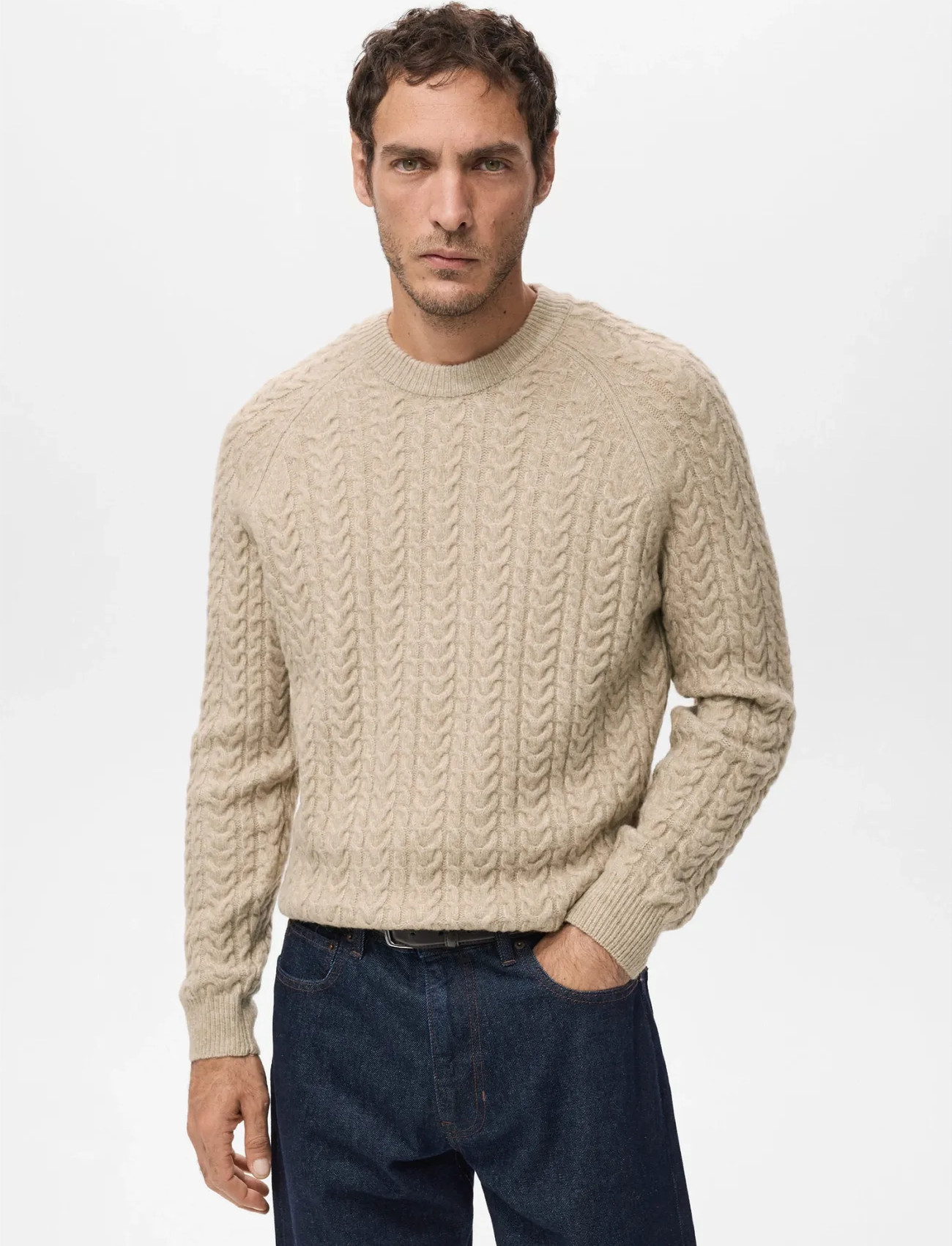 Mango Braided Knitted Sweater, M, Beige, Strik > Runde Halse, Herre