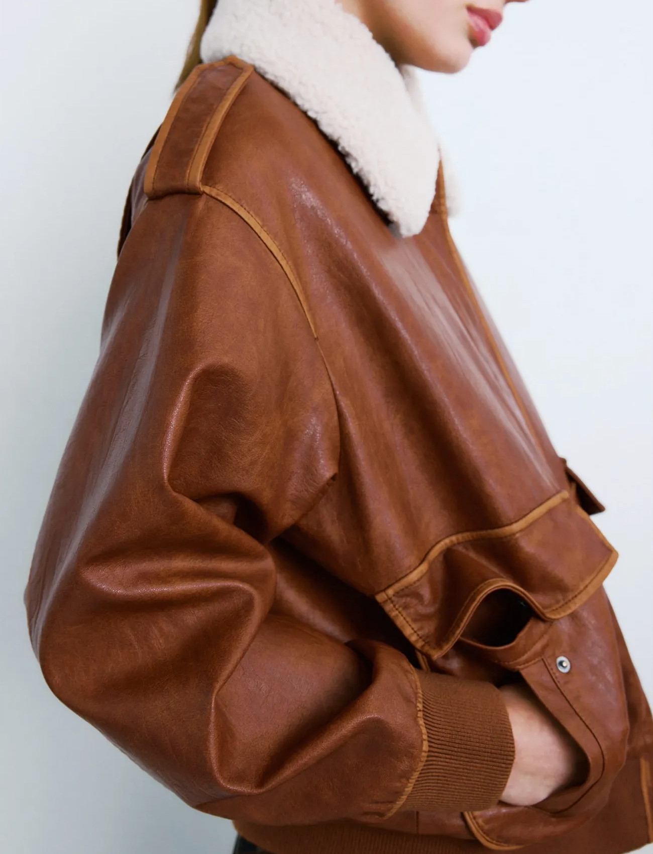 Mango Oversized Jacket With Borg Collar, S, Brown, Jakker > Bomberjakker, Dame