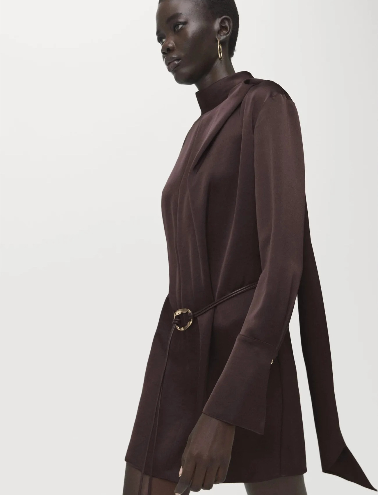 Mango Satin Dress With Foulard, S, Brown, Kjoler > Kort Kjole, Dame
