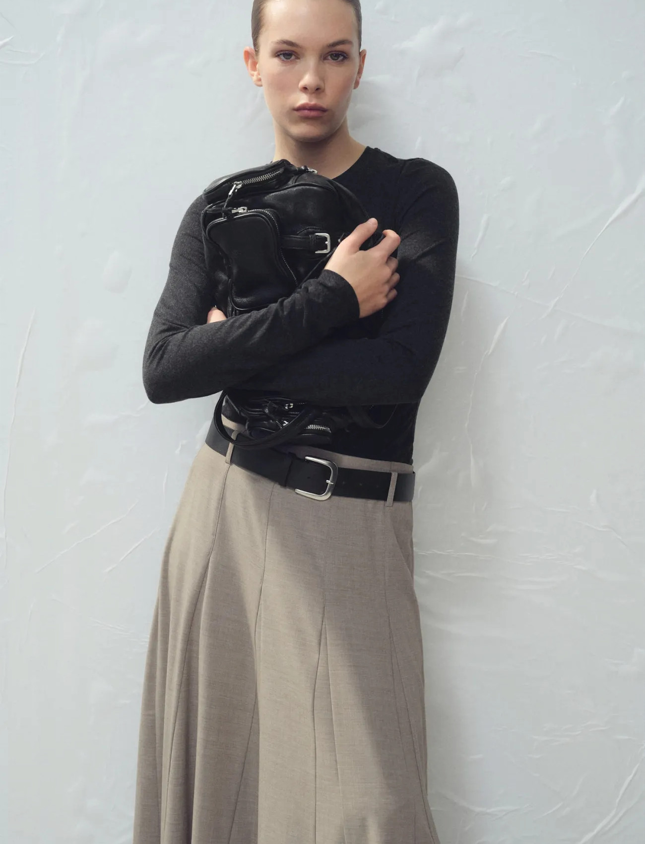 Mango A-Line Skirt With Godets And Belt, 36, Grey, Nederdele > Knælange Og Midi Nederdele, Dame