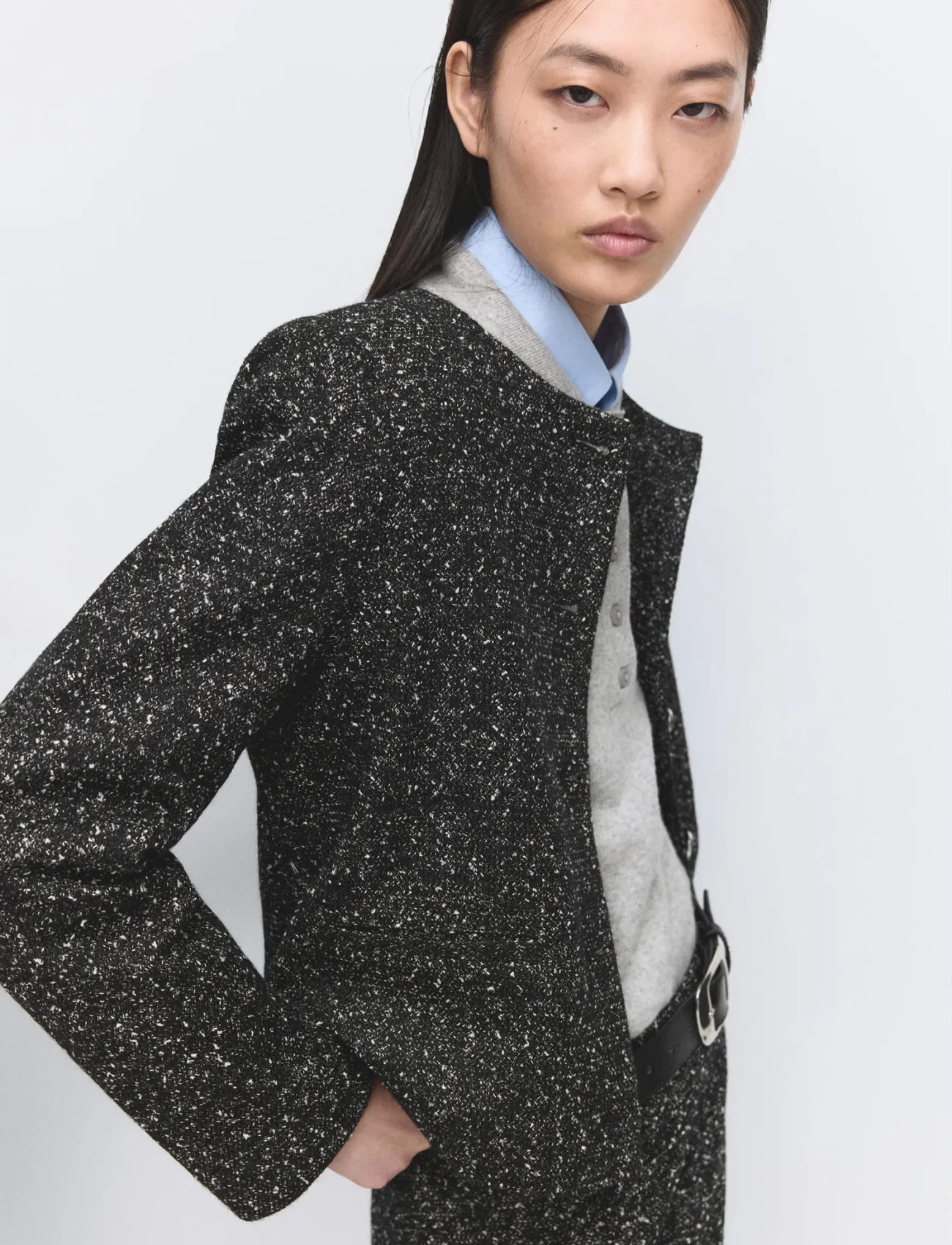 Mango Flecked Cotton-Blend Jacket, XL, Black, Blazere > Bouclé Blazere, Dame