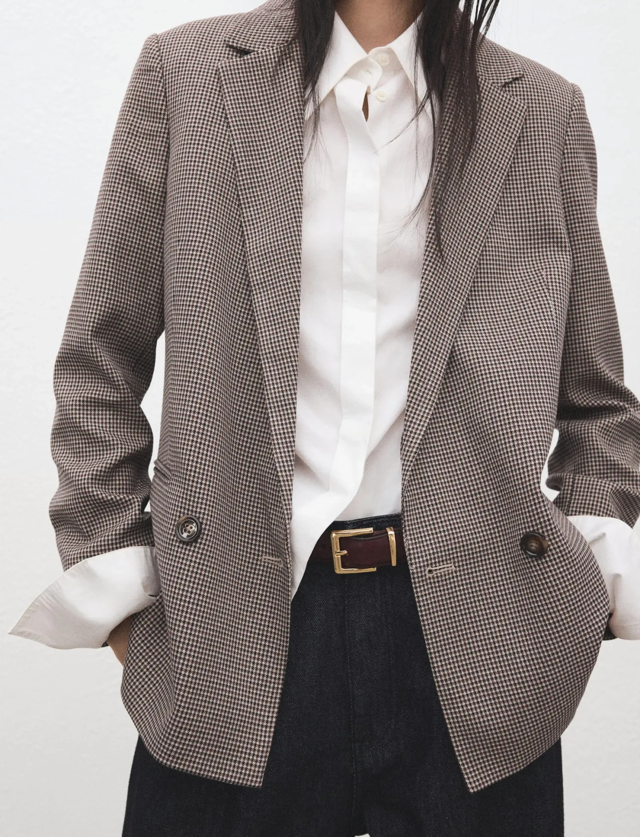 Mango Double-Breasted Micro-Houndstooth Jacket, L, Brown, Blazere > Dobbeltradede Blazere, Dame
