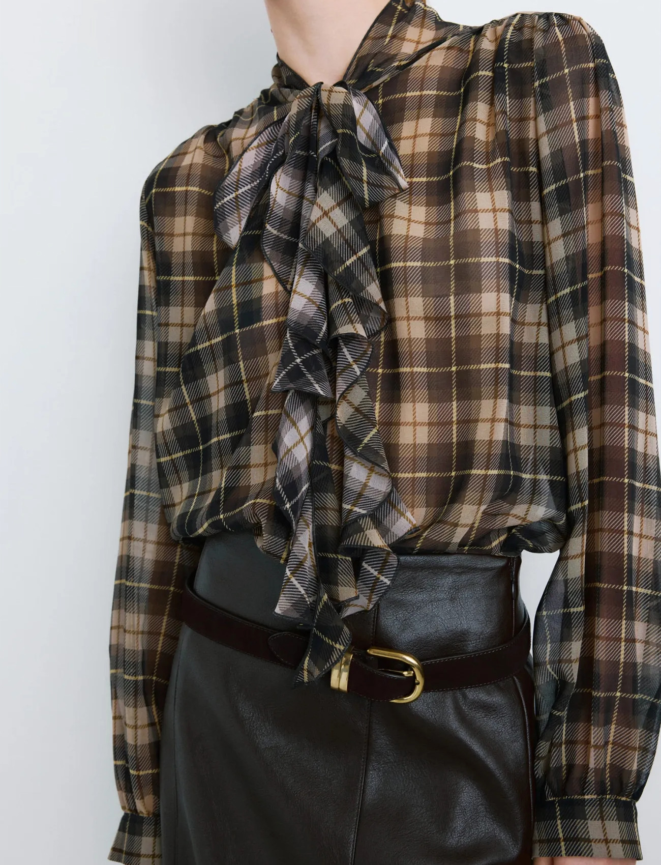 Mango Blouse With Check Pattern And Foulard Collar, L, Brown, Skjorter > Langærmede, Dame
