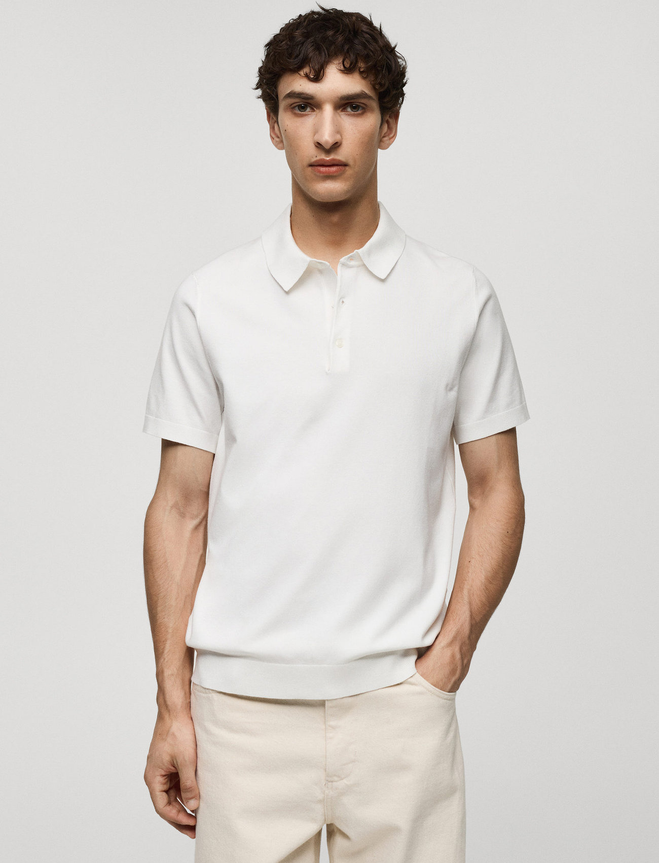 Mango Fine-Knit Polo Shirt, S, White, Poloer > Kortærmede, Herre