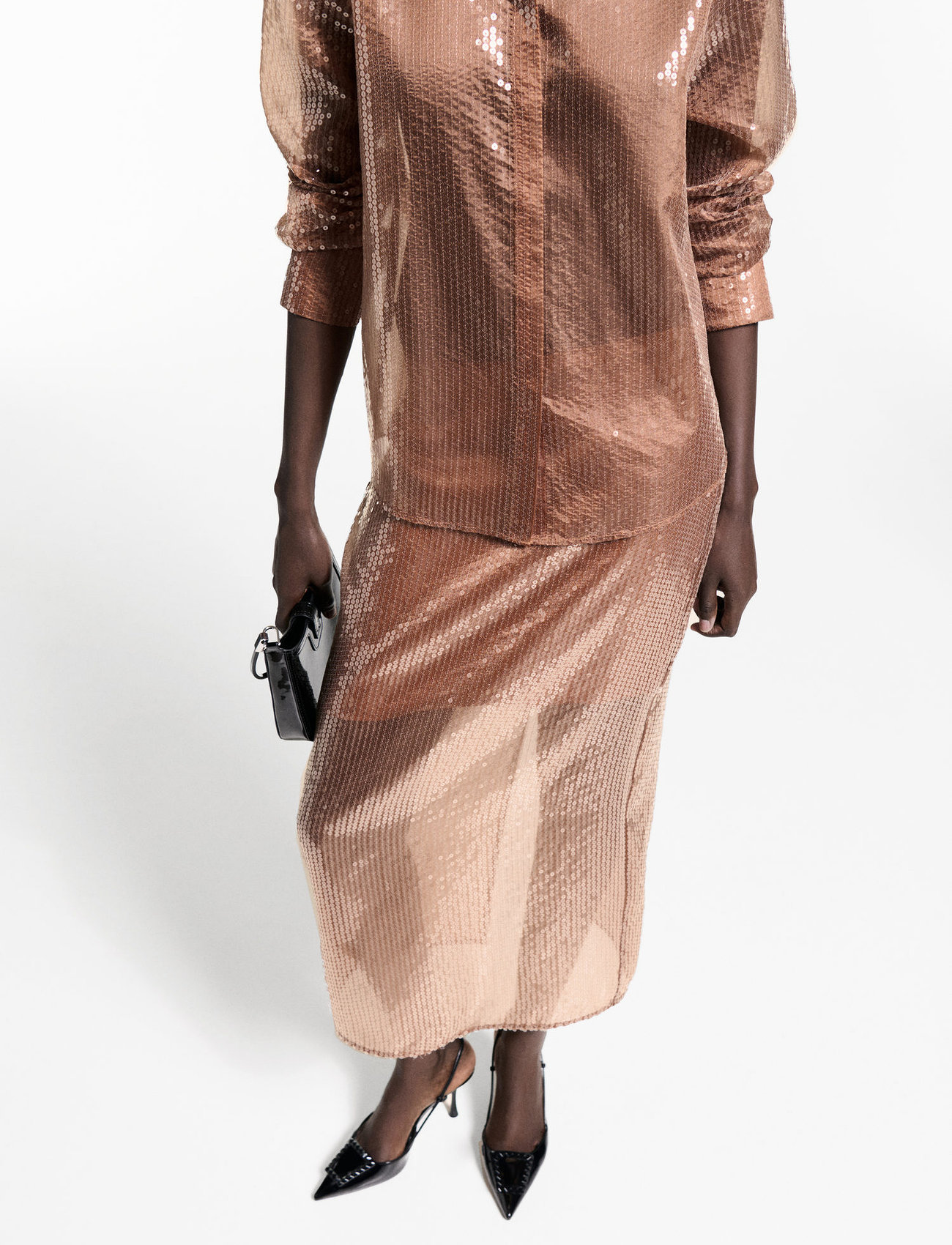 Mango Sequin Midi Skirt, M, Brown, Nederdele > Knælange Og Midi Nederdele, Dame