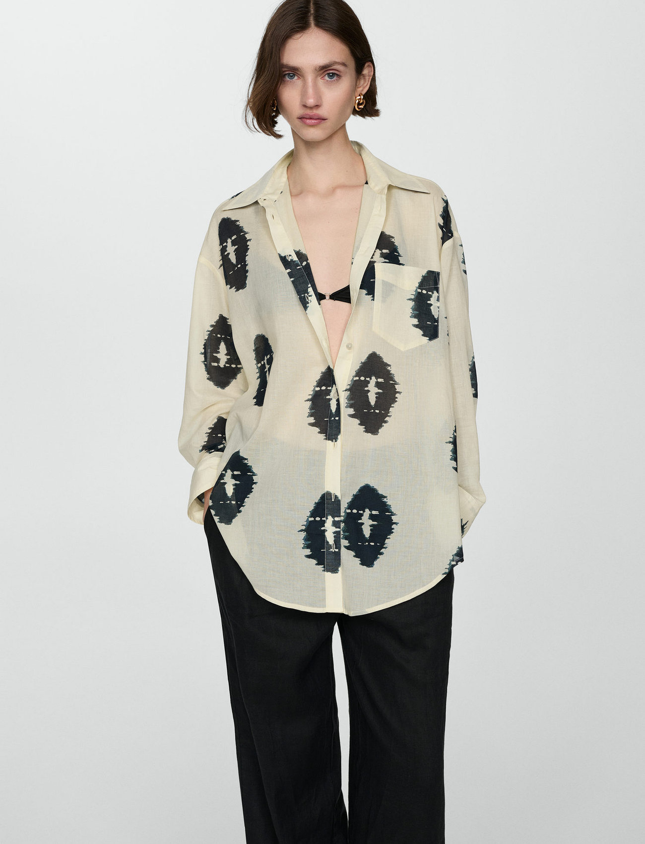 Mango Semi-Transparent Printed Shirt, XS, Cream, Skjorter > Langærmede, Dame