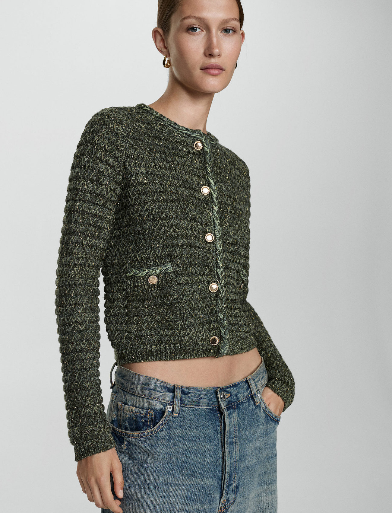 Mango Lurex Chunky-Knit Cardigan, XS, Khaki green, Strik > Cardigans, Dame