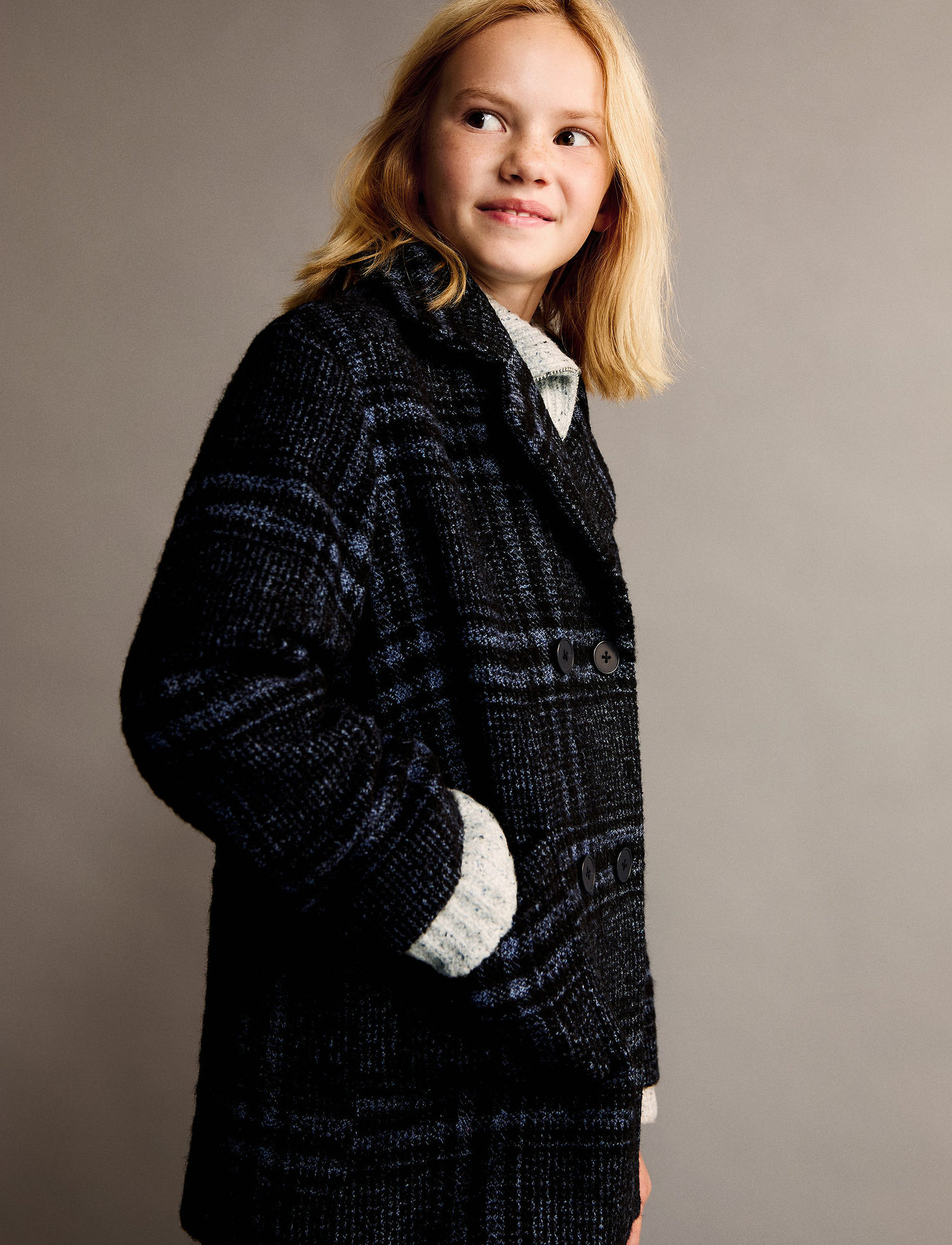 Mango Checked Wool-Blend Coat, 122, Navy, Jakker Og Frakker > Frakker, Børn