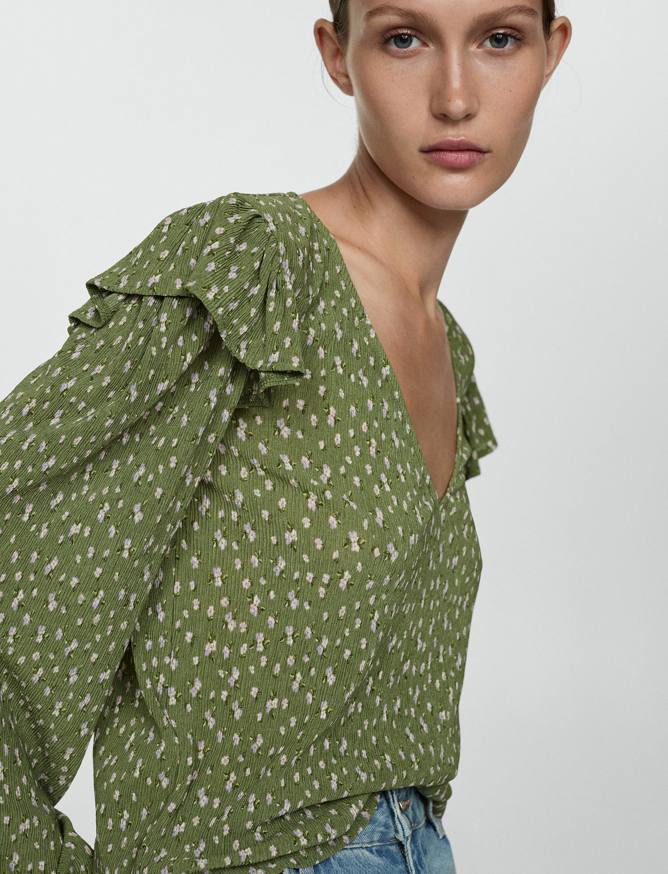 Mango Ruffles Printed Blouse, S, Green, Bluser > Langærmede, Dame