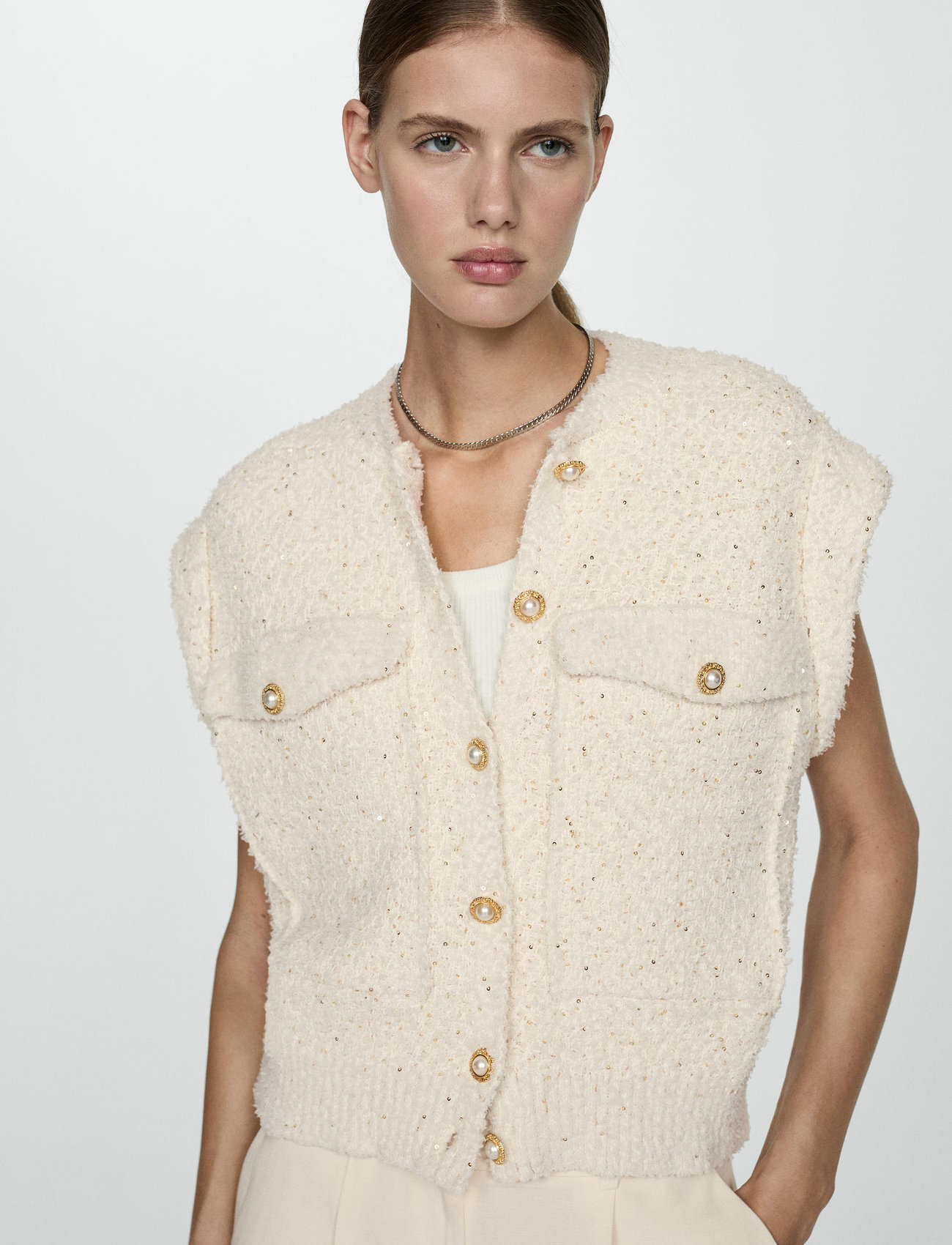 Mango Sequin Knitted Vest, S, Beige, Veste > Strikkede Veste, Dame