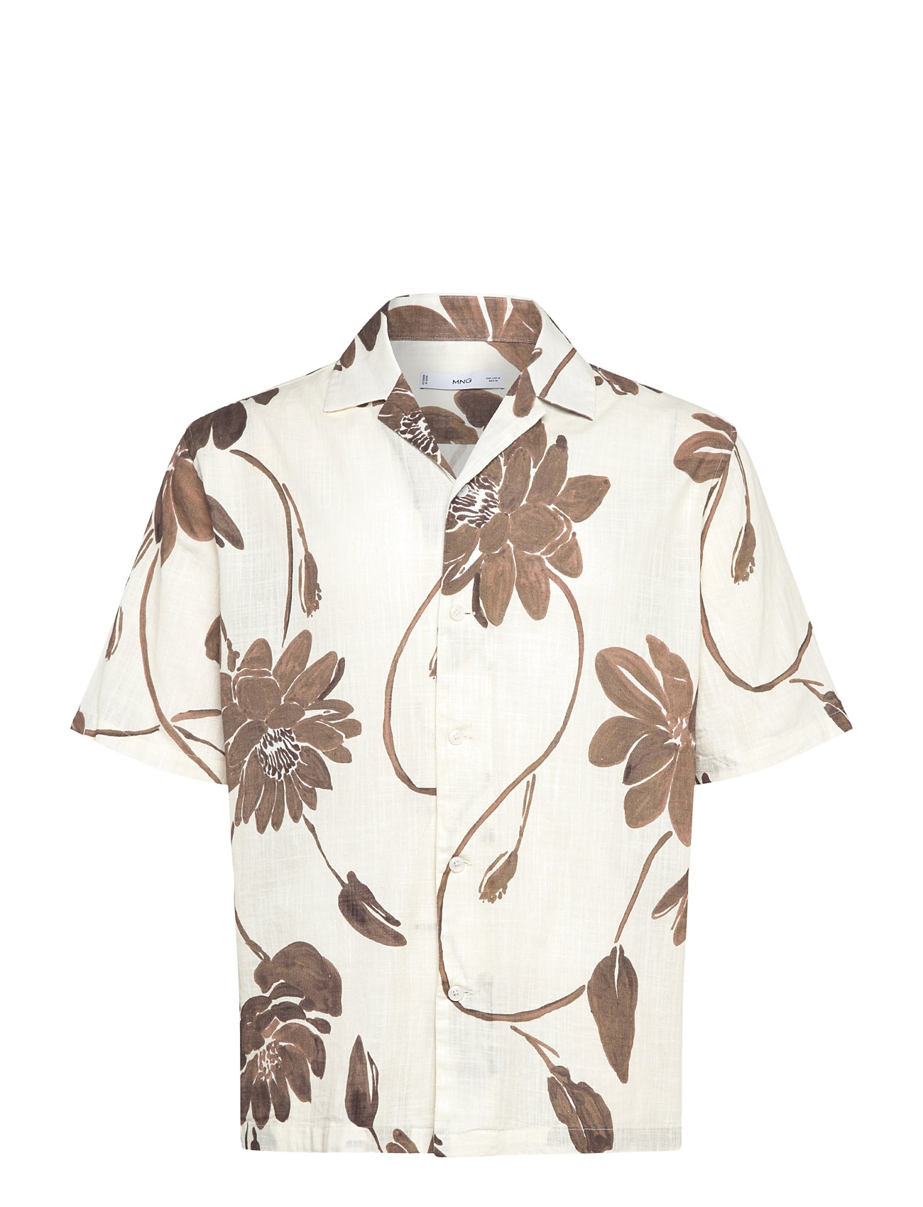 Mango Floral-Print Shirt With Bowling Collar, S, Brown, Skjorter > Kortærmede Shirts, Herre