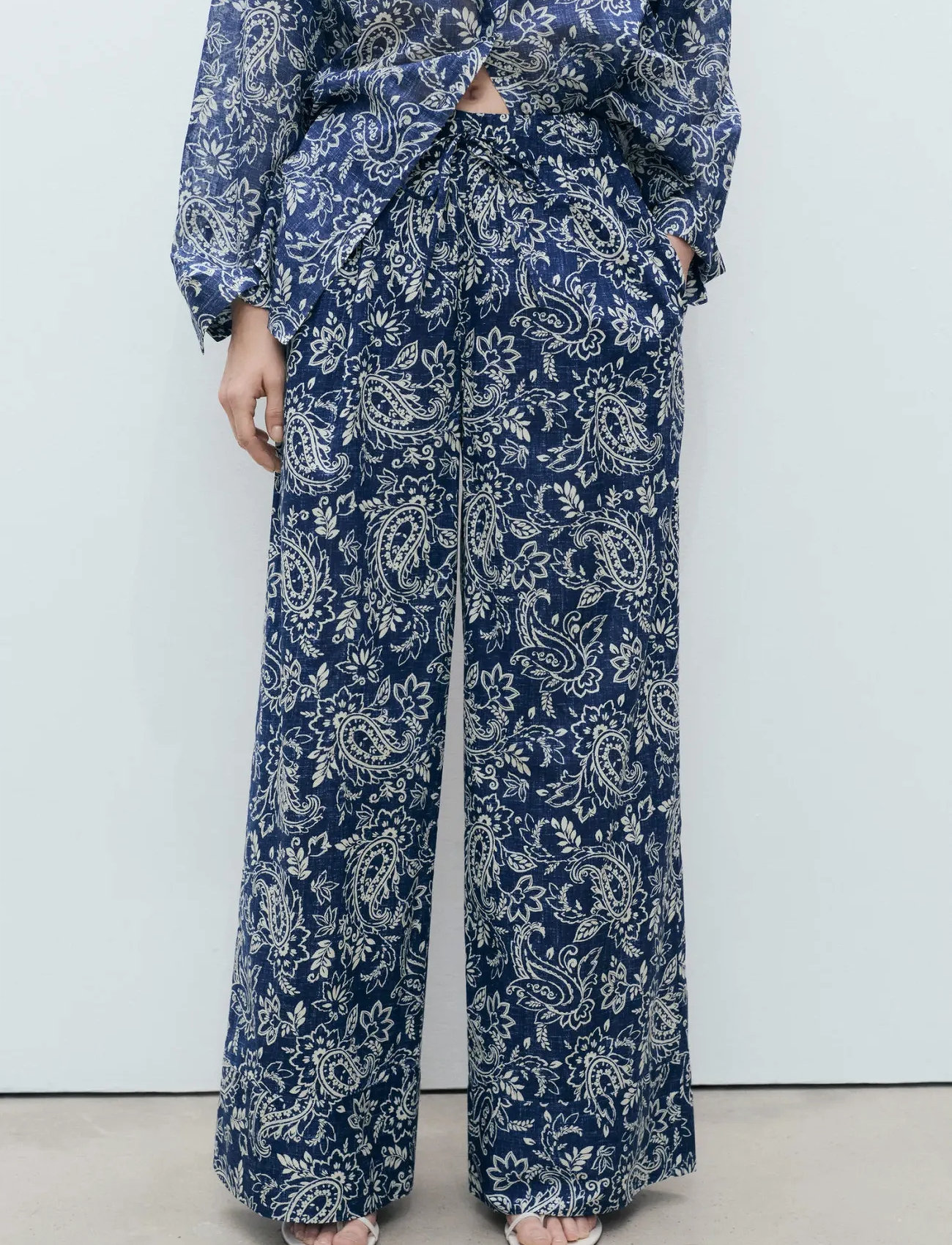 Mango Printed Cotton Trousers, S, Navy, Bukser > Brede Ben, Dame