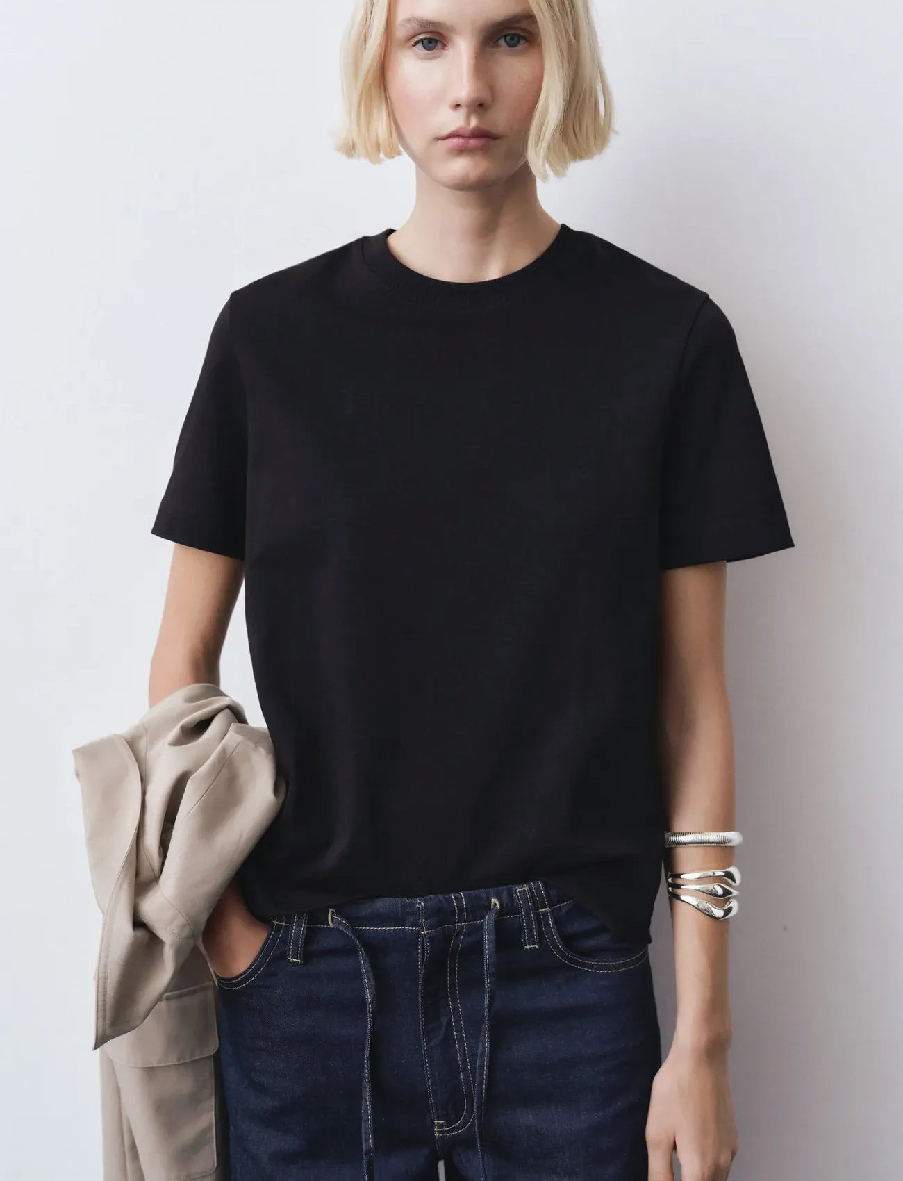 Mango Short-Sleeved Cotton T-Shirt, XS, Black, T-Shirts & Toppe > Kortærmede, Dame