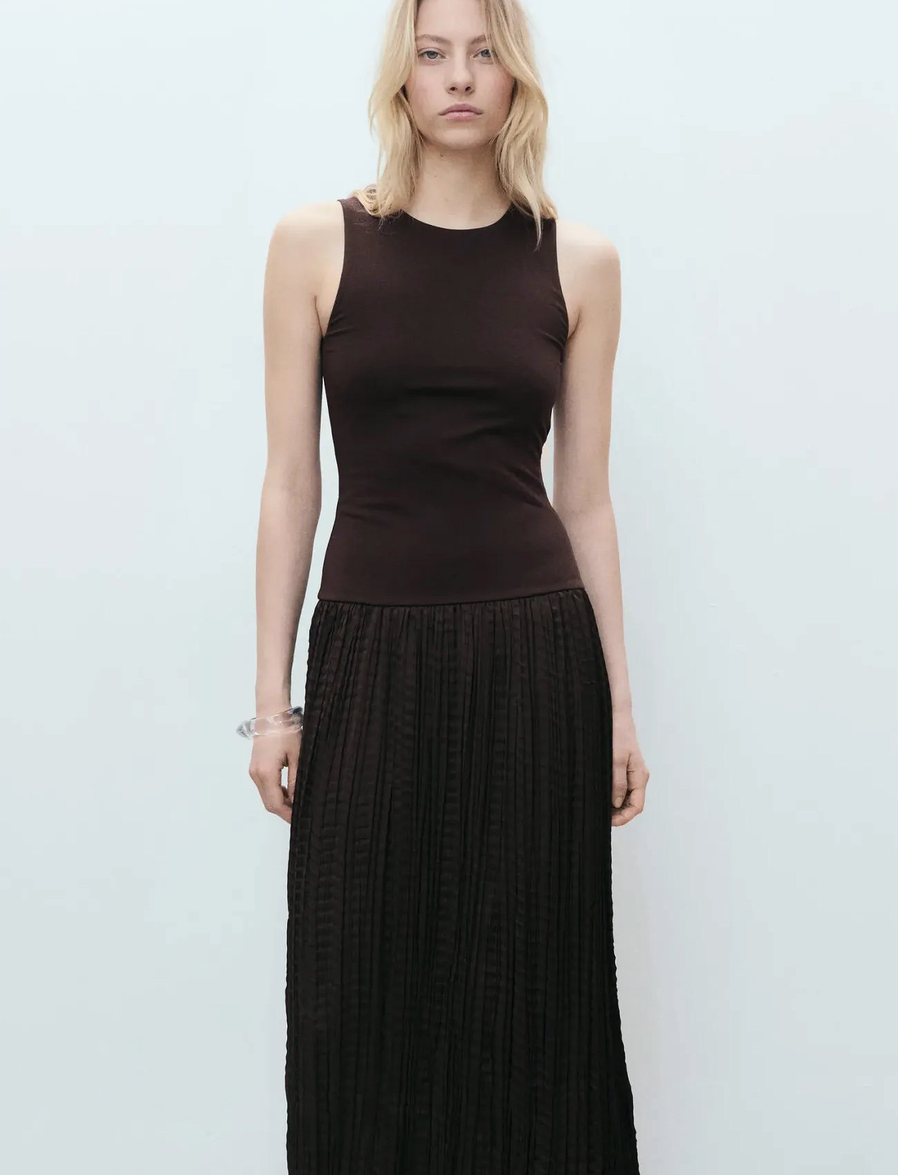 Mango Combined-Fabric Long Dress, M, Brown, Kjoler > Knælange Og Midi, Dame