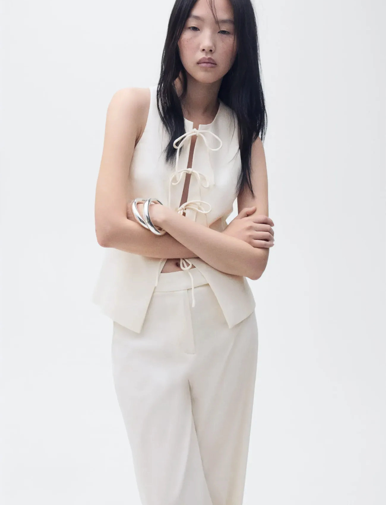 Mango Linen-Blend Top With Bow, XS, White, Bluser > Uden Ærmer, Dame
