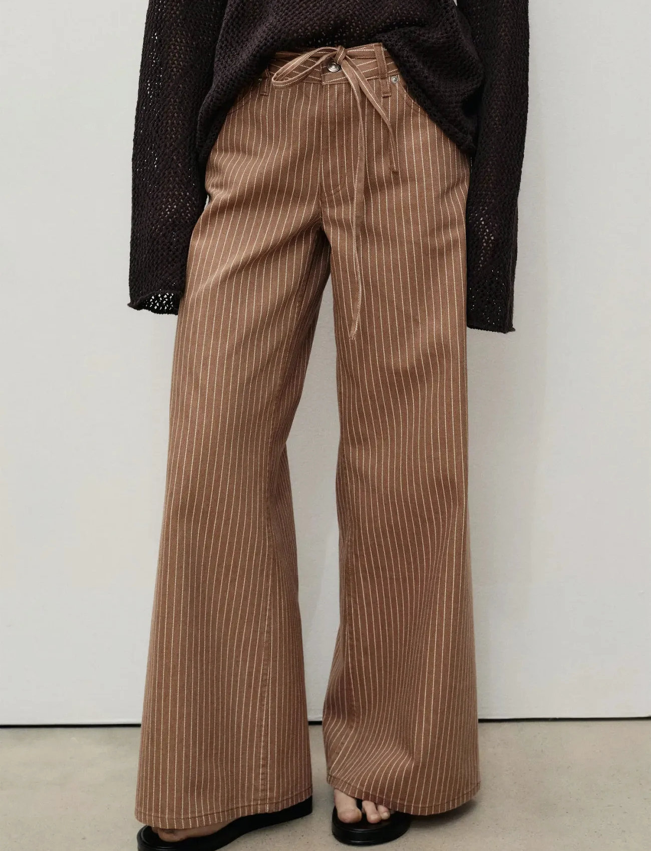 Mango Wide Leg Jeans With Stripes And Belt, 42, Brown, Jeans > Vidde, Dame