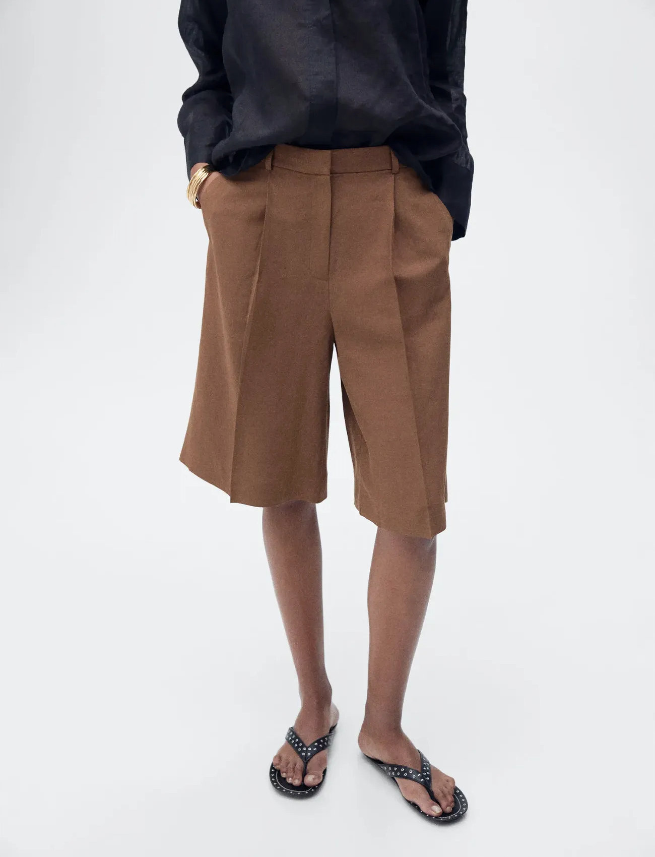 Mango Linen-Blend Suit Bermuda Shorts, 34, Brown, Shorts > Bermudas, Dame