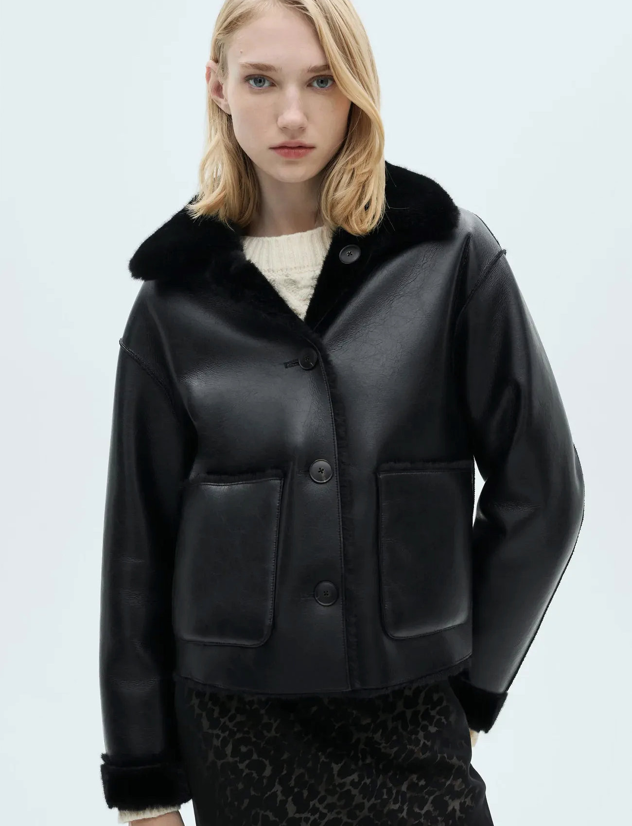 Mango Double-Sided Leather-Effect Jacket With Pockets, L, Black, Jakker > Læder, Dame